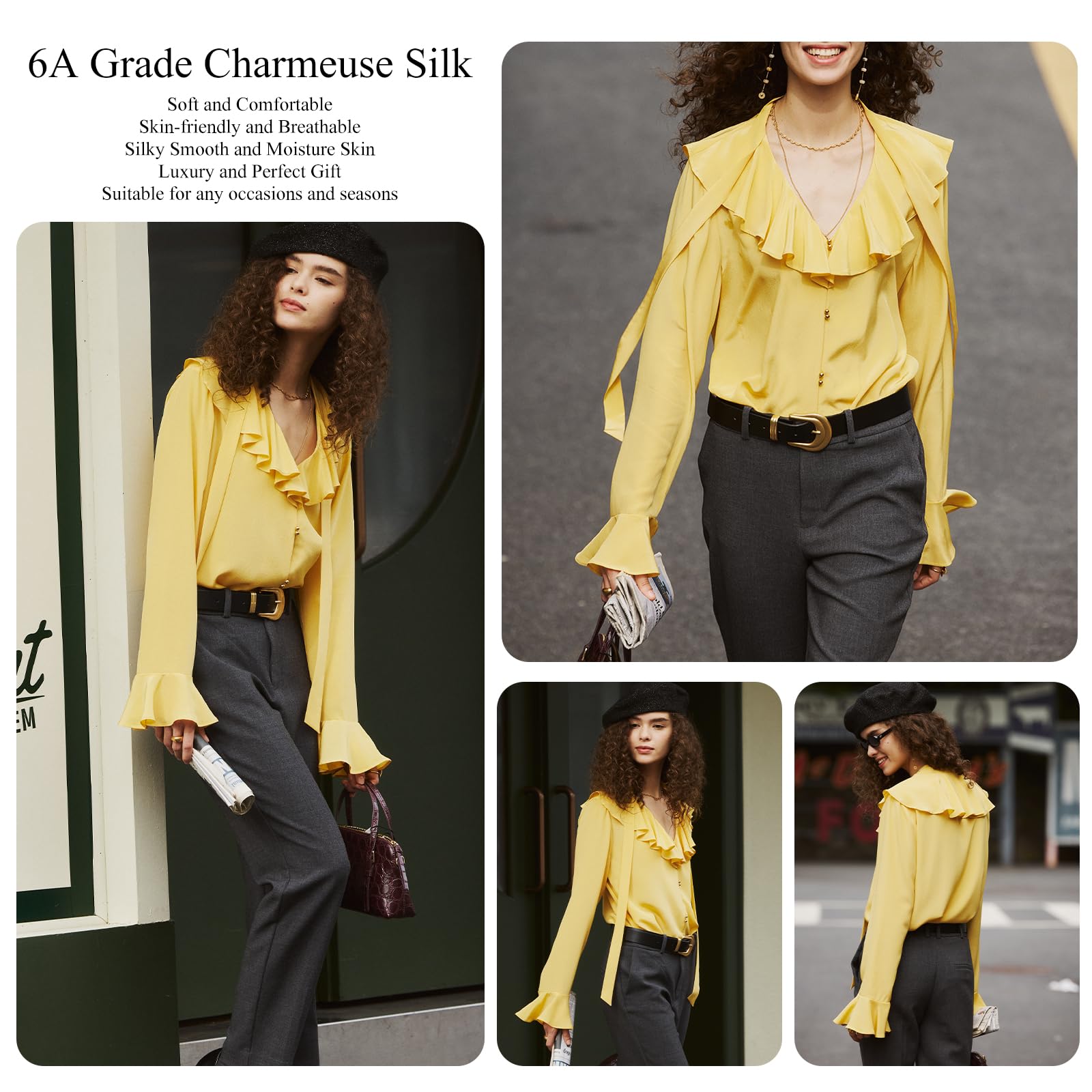 COLD POSH Women's 100% Mulberry Silk Blouse - Elegant Long Sleeve Button Down Shirt with V-Neck & Ruffle Detail | Breathable Summer Tops for Office, Dating & Special Occasions