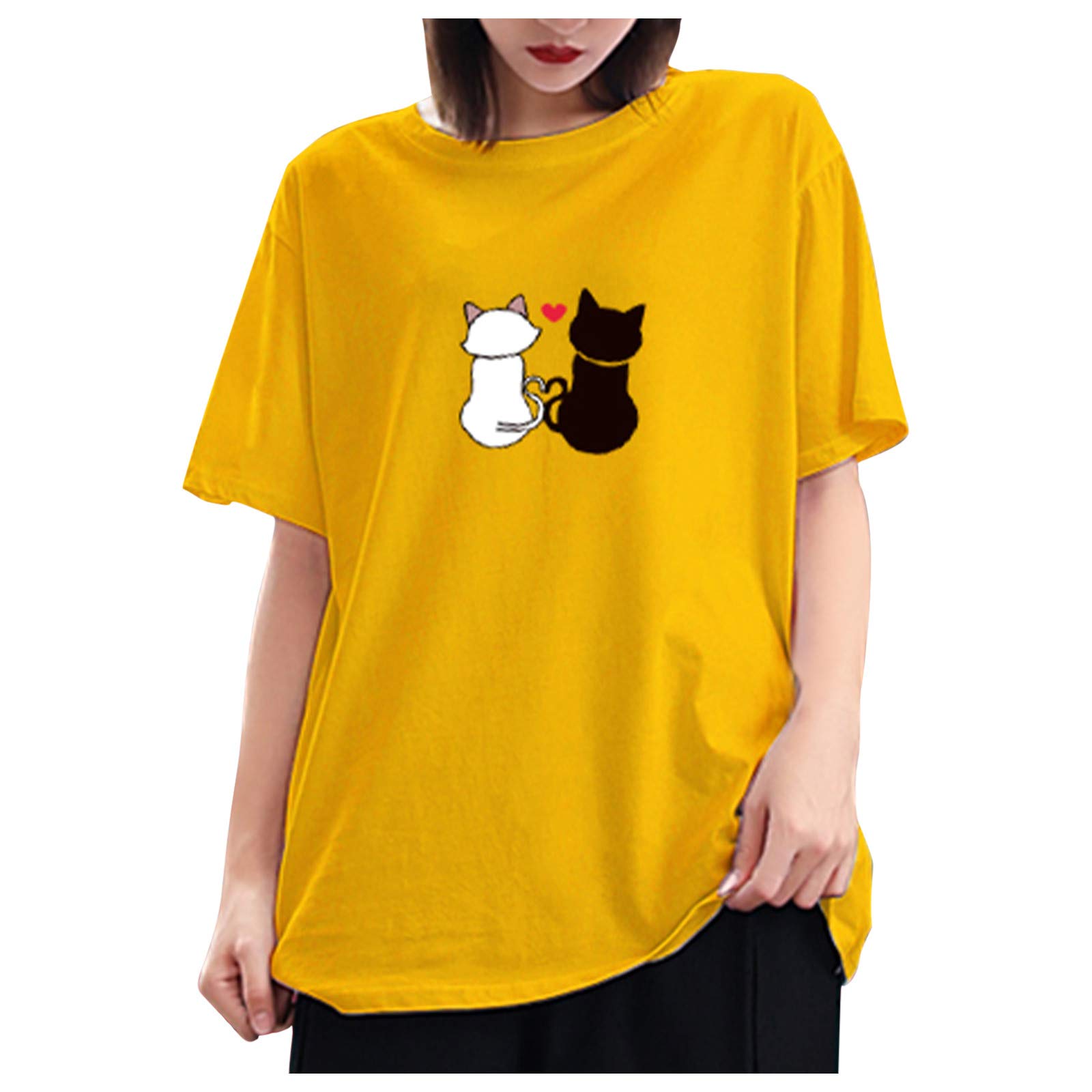 Women's Classic Short Sleeve Crewneck T-Shirt - Double Cats Printed Comfortable Casual Tee for Everyday Wear, Outings & Lounge