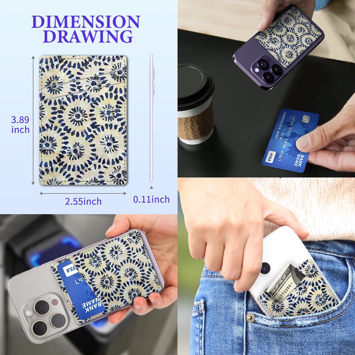 Stick-On Leather Phone Card Holder with Dual Pockets - Slim Wallet Sleeve for Most Smartphones (Blue Circle) - Perfect for Hands-Free Shopping, Travel & Everyday Use