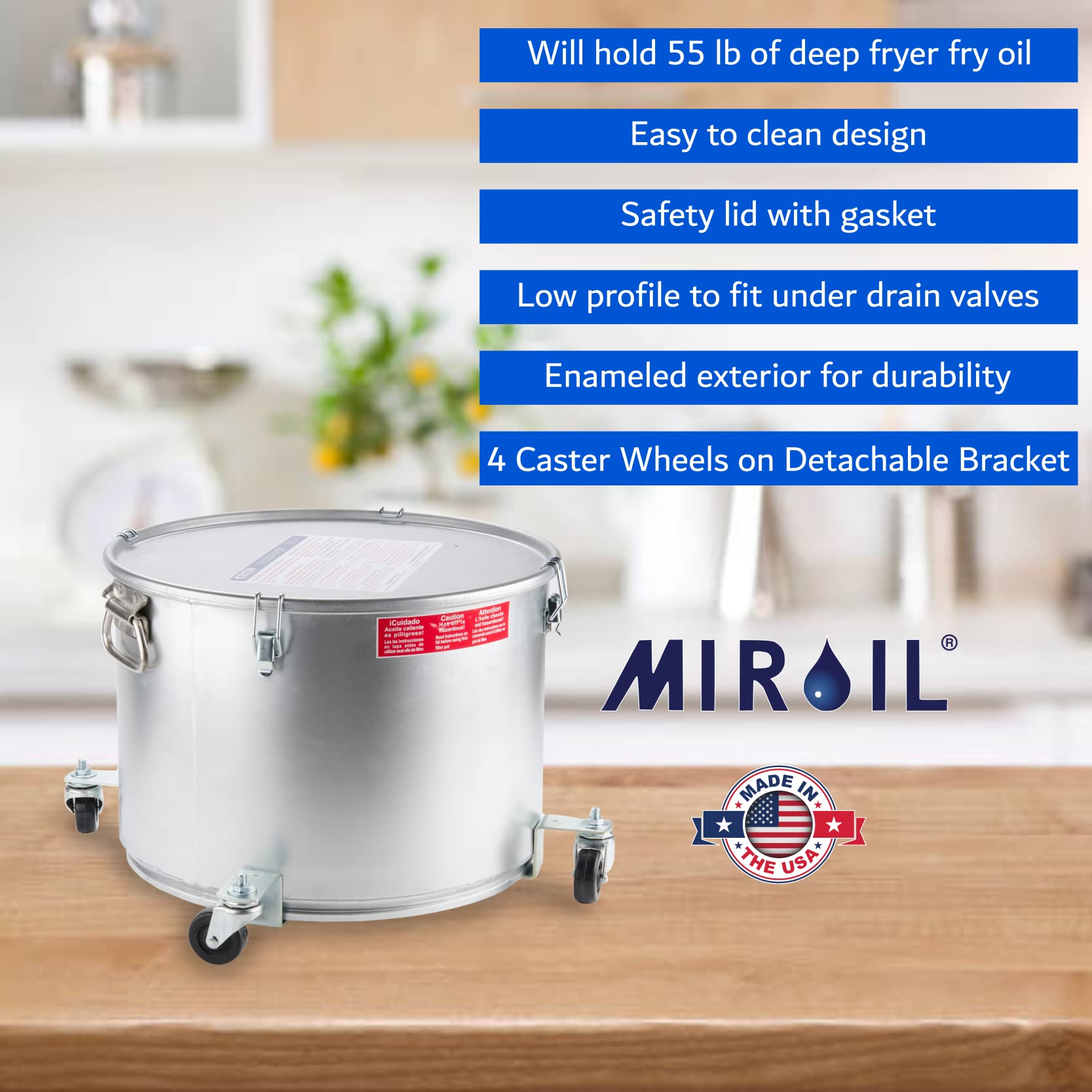 MirOil 7 Gallon Oil Disposal Caddy with Caster Wheels - 55lb Frying Oil Storage Container with Locking Lid & Clips - Heavy Duty Grease Bucket for Hot Cooking Oil Disposal - Ideal for Restaurants, Food Trucks & Home Kitchens