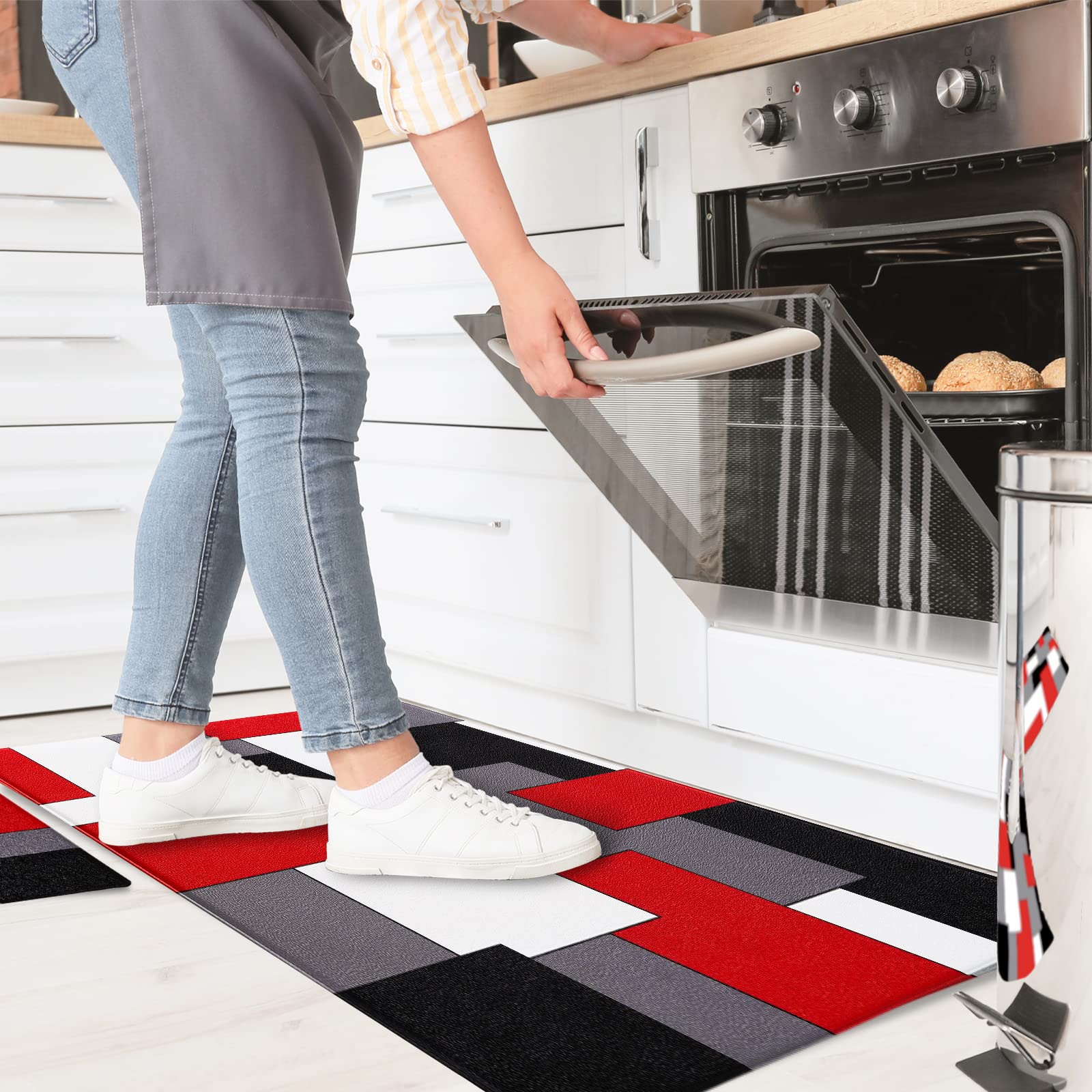 AILUER 2-Piece Red and Grey Abstract Geometric Kitchen Rugs Set - Non-Slip Waterproof Floor Mats for Kitchen, Office & Laundry (17.5