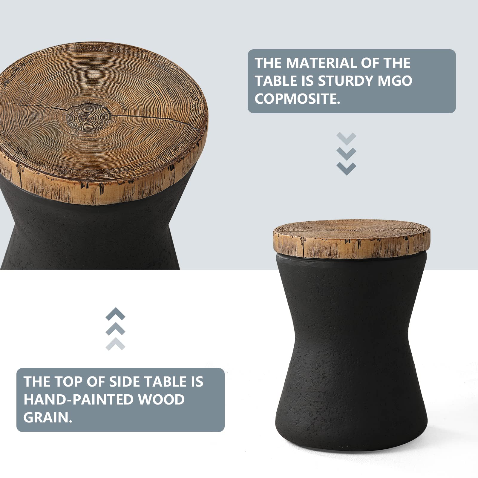 2-Piece Outdoor End Table Set with Faux-Wood Top & Black Base - Hand-Painted Tree Trunk Slice Design - Perfect as Accent Stool, Plant Stand or Patio Side Table for Garden, Balcony and Backyard Decor