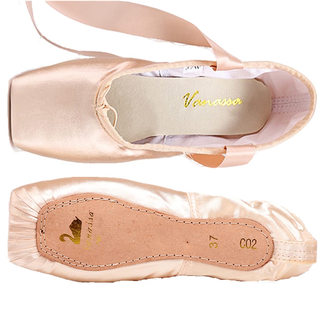 Nexete Professional Vanassa Ballet Pointe Shoes - Satin Dance Slippers with Toe Pad & Ribbon, Leather Sole, Resilient Shank for Full Pointe - Perfect for Ballet Classes, Performances, and Recitals