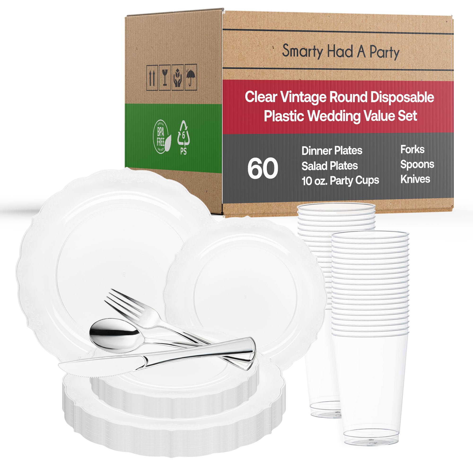 Elegant Disposable Plastic Plates for Party, Wedding & Events - Clear Plastic Dinnerware Set for 60 Guests - Perfect for Birthday, BBQ, Picnic & Catering