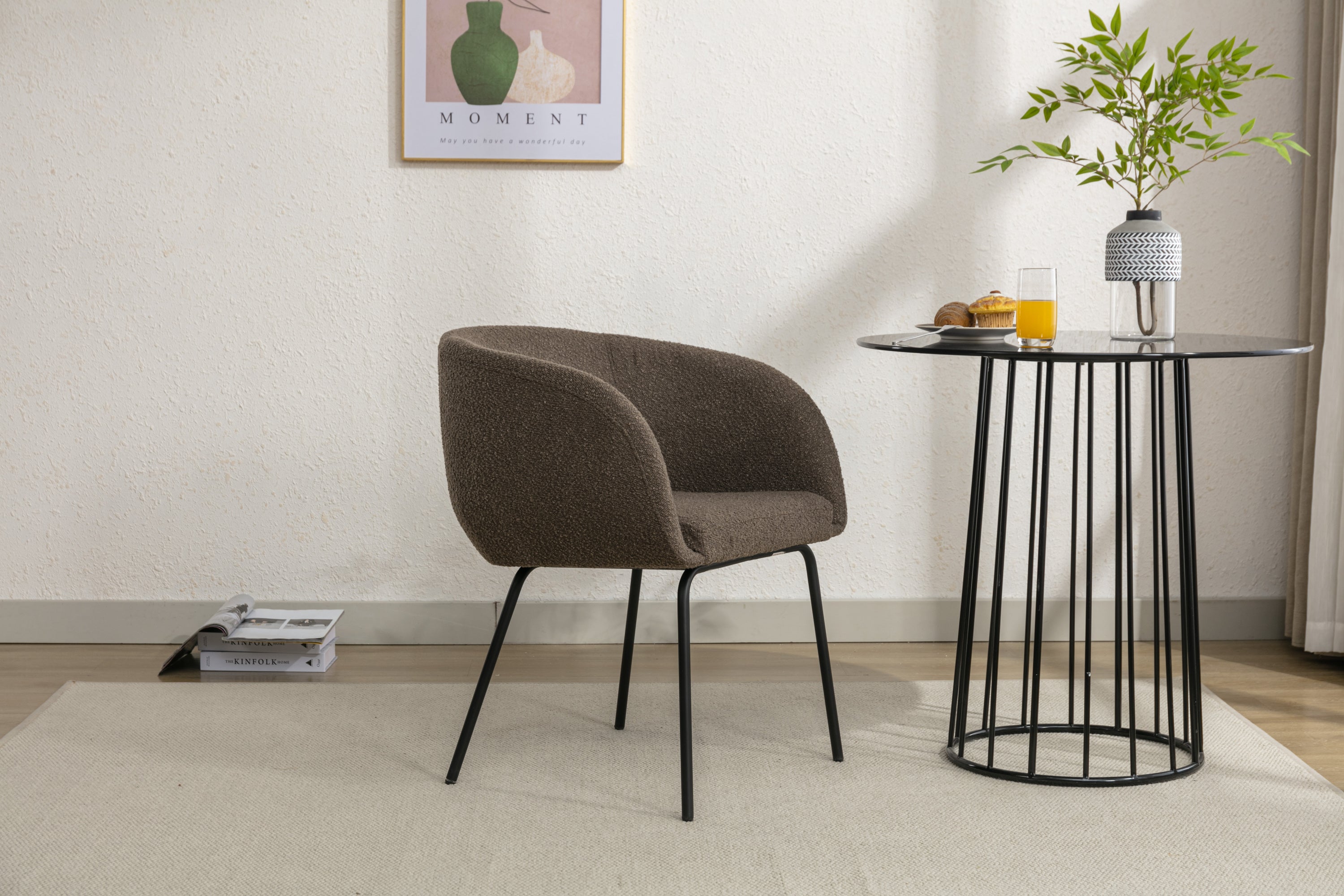 039 Set of 1 Boucle Fabric Dining Chair With Black Metal Legs - Modern Upholstered Accent Chair for Dining Room, Kitchen, Office or Living Room