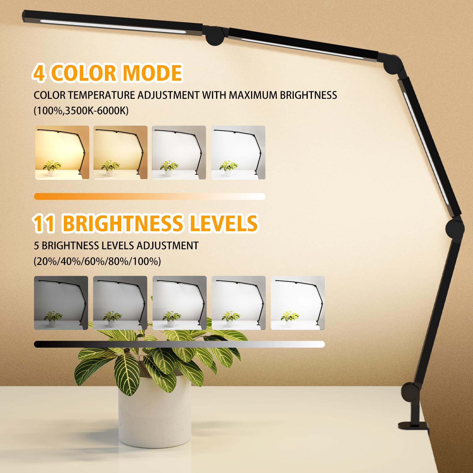 Adjustable LED Desk Lamp with Clamp - Dimmable Swing Arm Task Light for Home Office, Study & Reading | Eye-Caring Modern Table Lamp for Nail Tech, Architect & Students | Flexible Tall Desk Light for Work, Crafting & Night Use