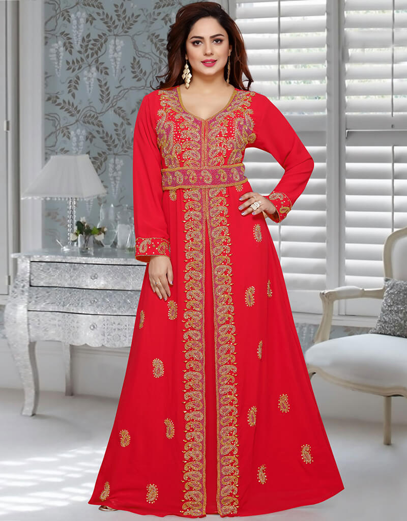 Exquisite Moroccan Kaftan with Arabic Red Golden Embroidery - Elegant Islamic Abaya Dress for Women, Perfect for Weddings, Parties & Special Occasions