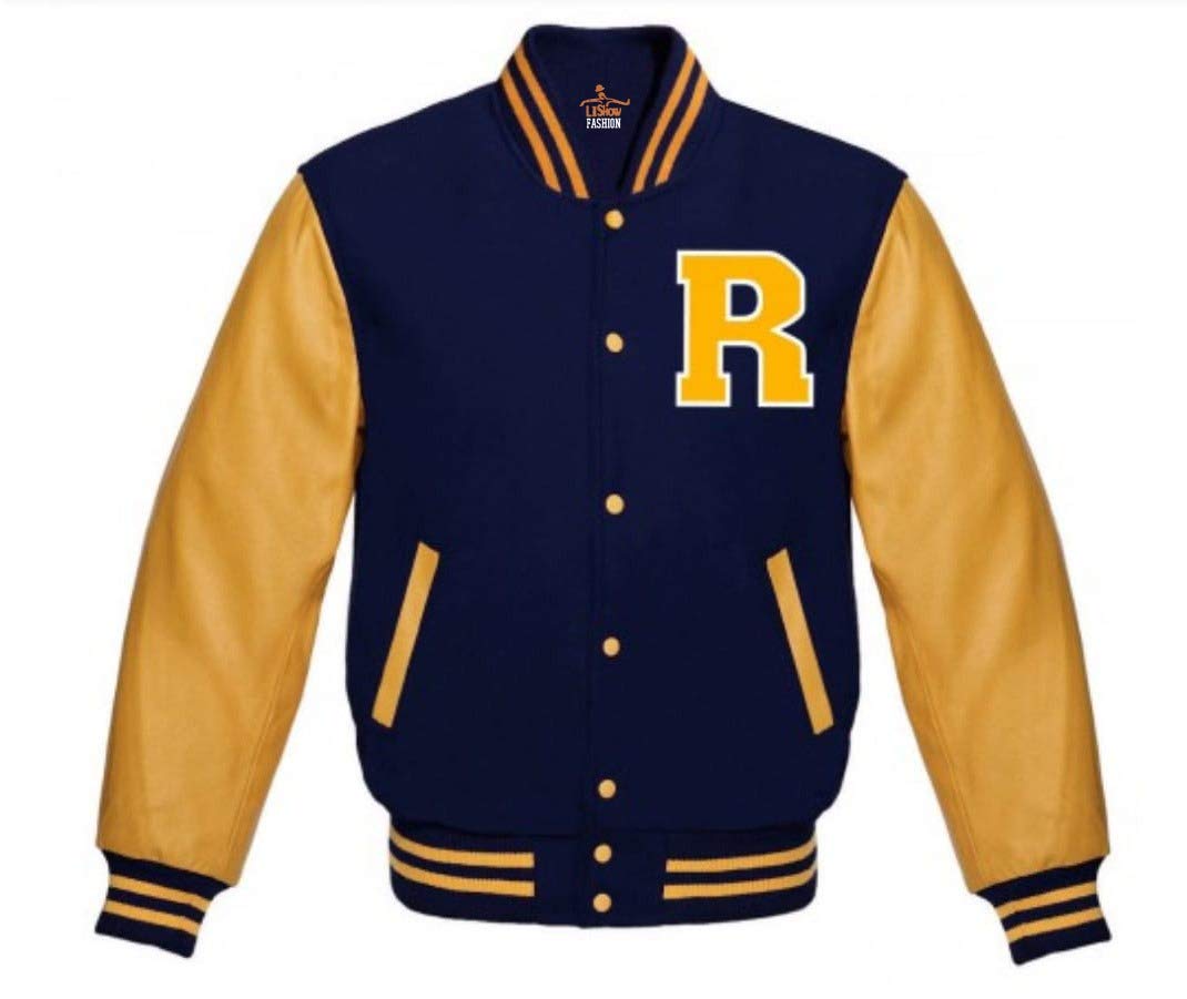 Varsity Jacket for Men - Baseball Letterman Bomber Jacket with Genuine Golden Leather Sleeves | Navy Blue Wool Coat | Perfect for High School, College & Casual Outfits