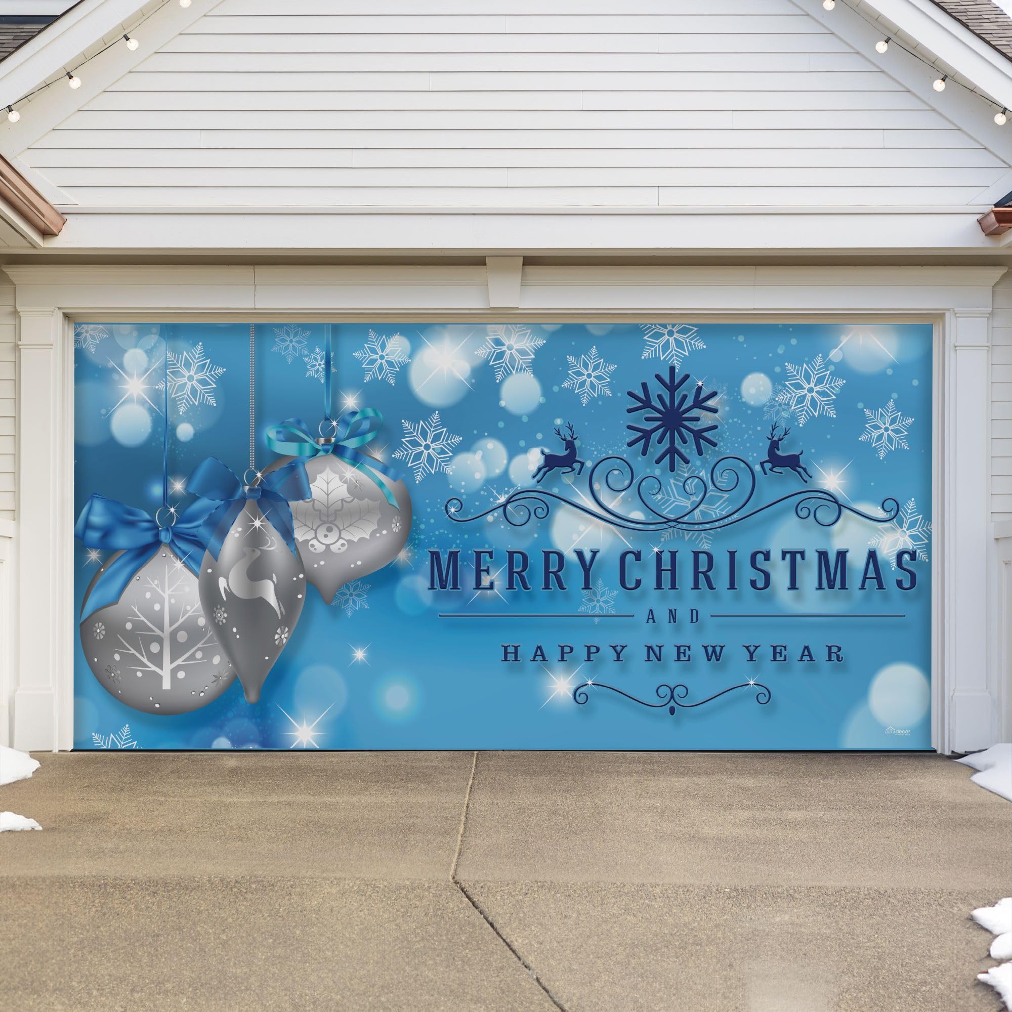 7' x 16' Blue and Gray Merry Christmas Happy New Year Outdoor Double Car Garage Door Banner - Perfect for Holiday Home Decor, Christmas Party Backdrop & Festive Neighborhood Decoration
