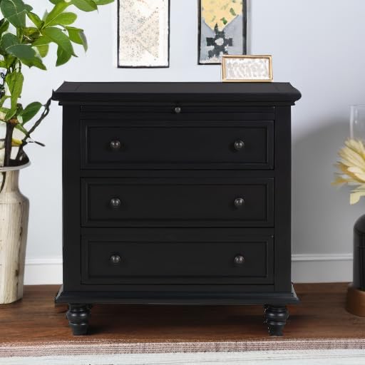 Black Wood 3-Drawer Dresser Nightstand with Pull-Out Tray - Fully Assembled Bedside Table, End Table for Bedroom & Living Room - Perfect for Storage, Organization & Home Decor