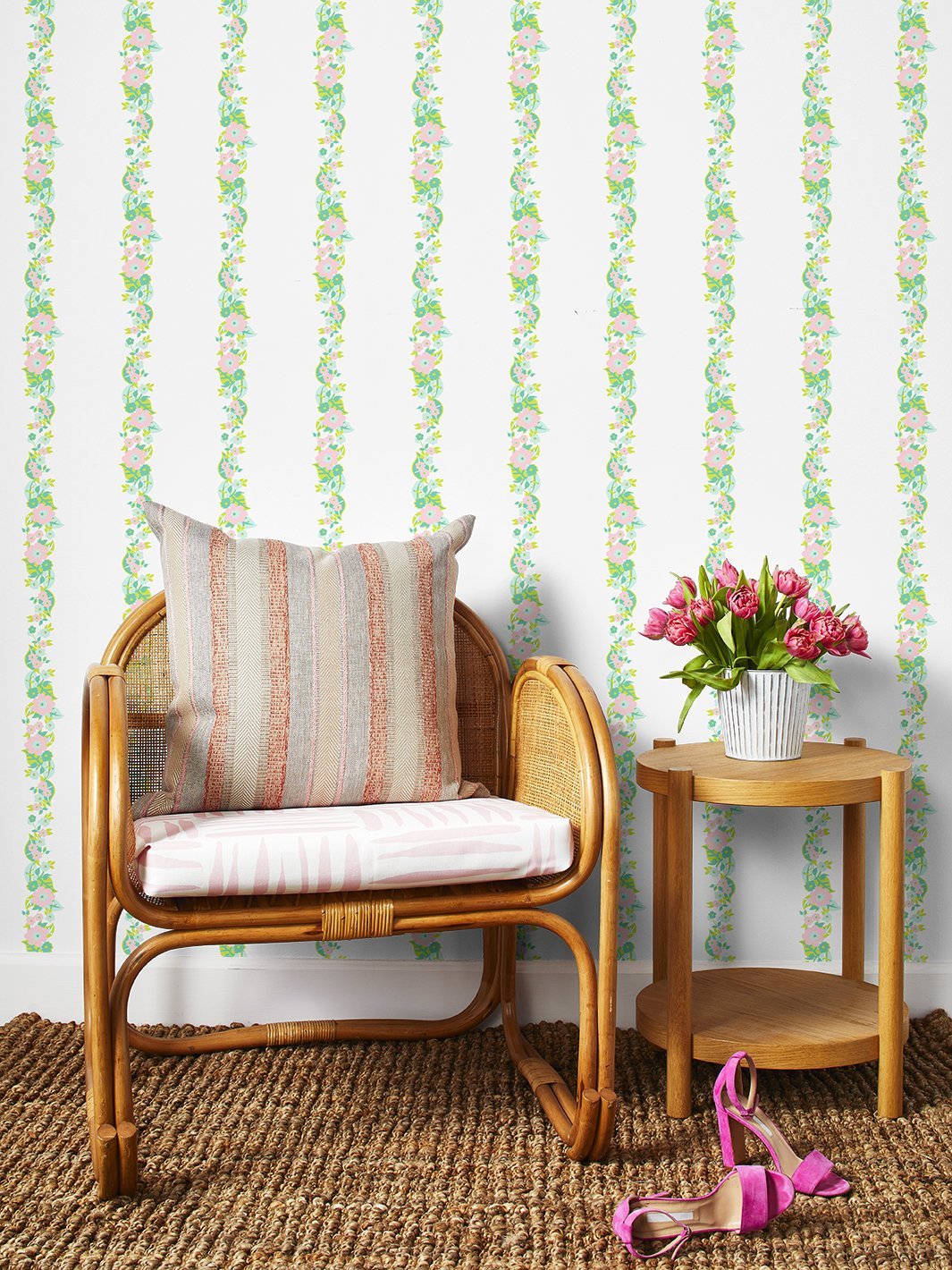 Barbie™ Floral Stripe Wallpaper - Green & Pink Peel and Stick Removable Wallpaper for Bedroom, Nursery, Living Room Decor