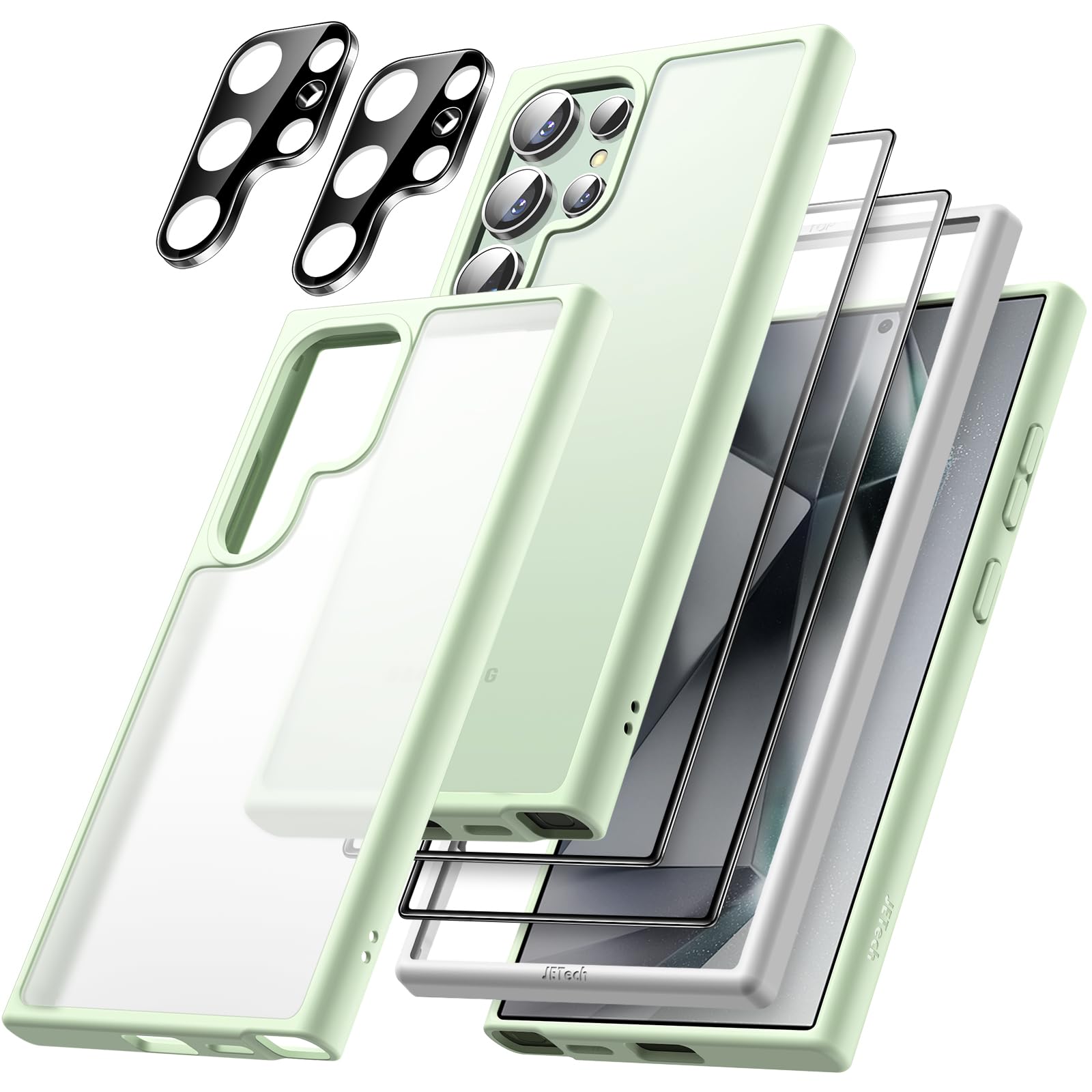 JETech 5-in-1 Matte Case for Samsung Galaxy S24 Ultra 5G - Shockproof Phone Cover with 2-Pack Tempered Glass Screen Protectors & Camera Lens Protector, Translucent Back Design (Titanium Green) | Perfect for Work, Travel & Everyday Protection