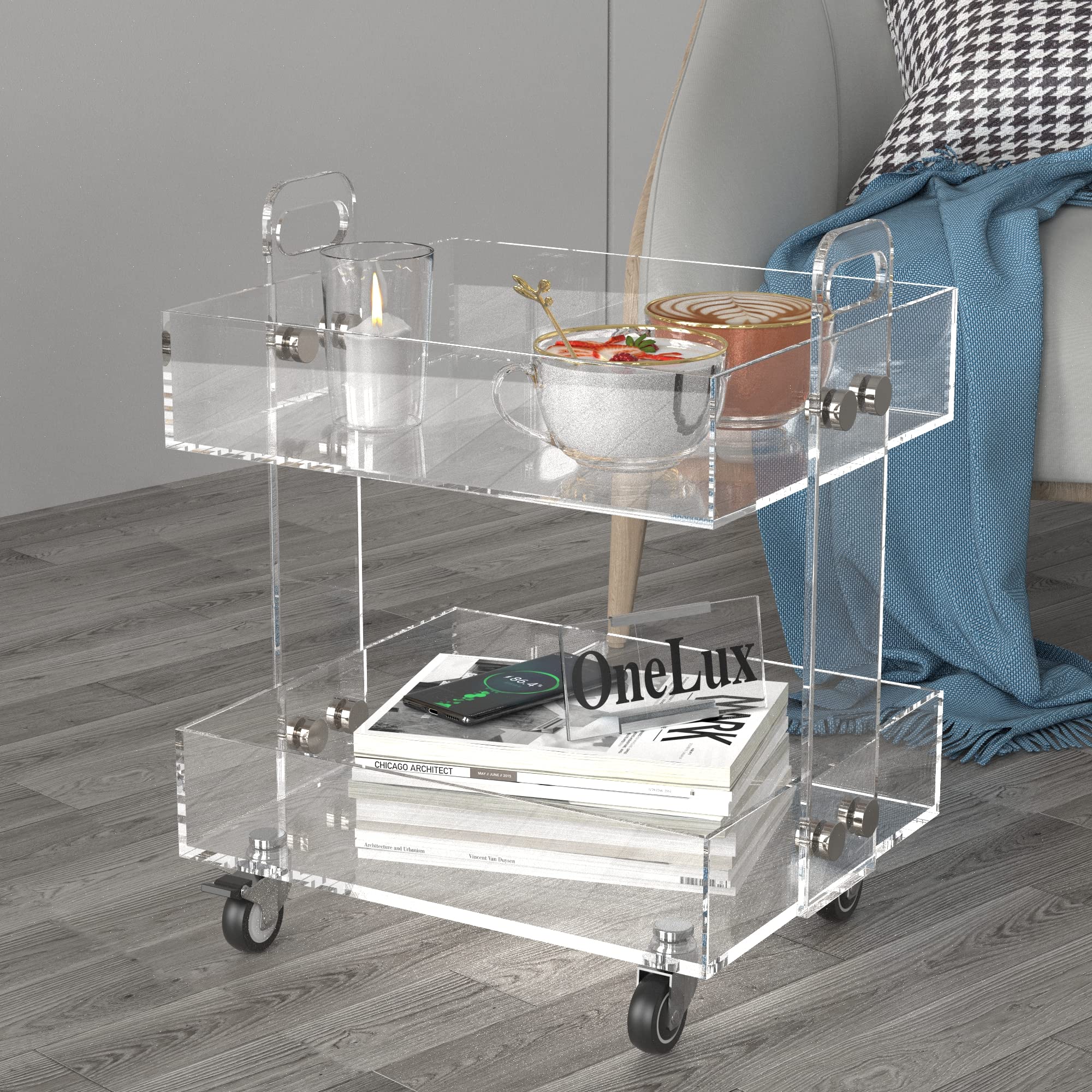 ONELUX Flat Packed Clear Acrylic Side Table with Wheels - Modern Bedside Night Stand (41×34×48cm) for Living Room, Bedroom & Office Use