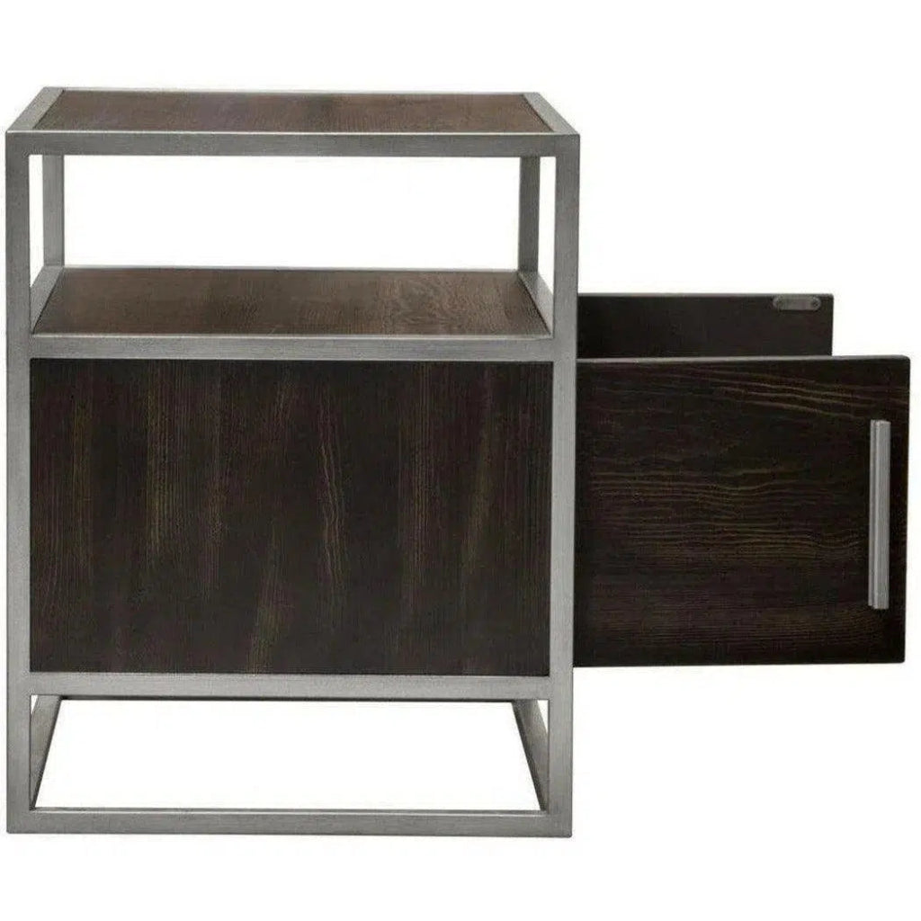 Dark Brown 2-Door End Table with Silver Metal Frame - Perfect for Living Room, Bedroom, or Office Side Table