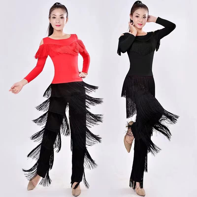 Women's Latin Dance Pants with Fringe Tassels - Black Ballroom Performance & Practice Costume for Salsa, Tango, Bachata & Social Dancing