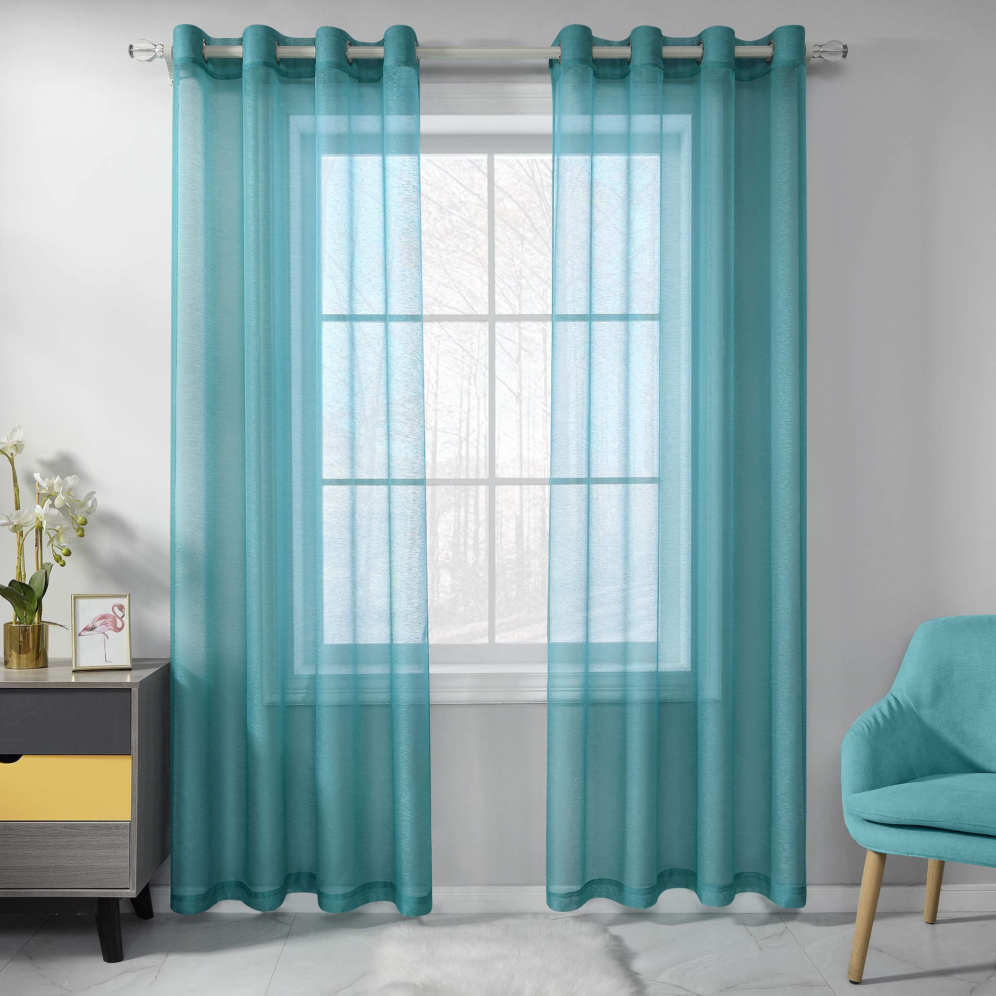 RAIN CITY Teal Sheer Curtains 72 Inch Length Set of 2 Panels - Faux Linen Sheer Drapes with Grommet Top for Living Room, Bedroom, Office & Bathroom Windows (52x72 Inches) - Light Filtering Textured Window Treatments for Privacy & Elegant Home Decor