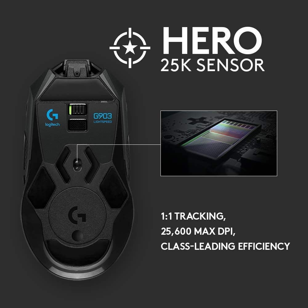 Logitech G903 Hero 16K Sensor Lightspeed Wireless Gaming Mouse - High Precision 16000 DPI, RGB Lighting, 140h Battery (Renewed) - Perfect for FPS, MOBA & Esports Gaming