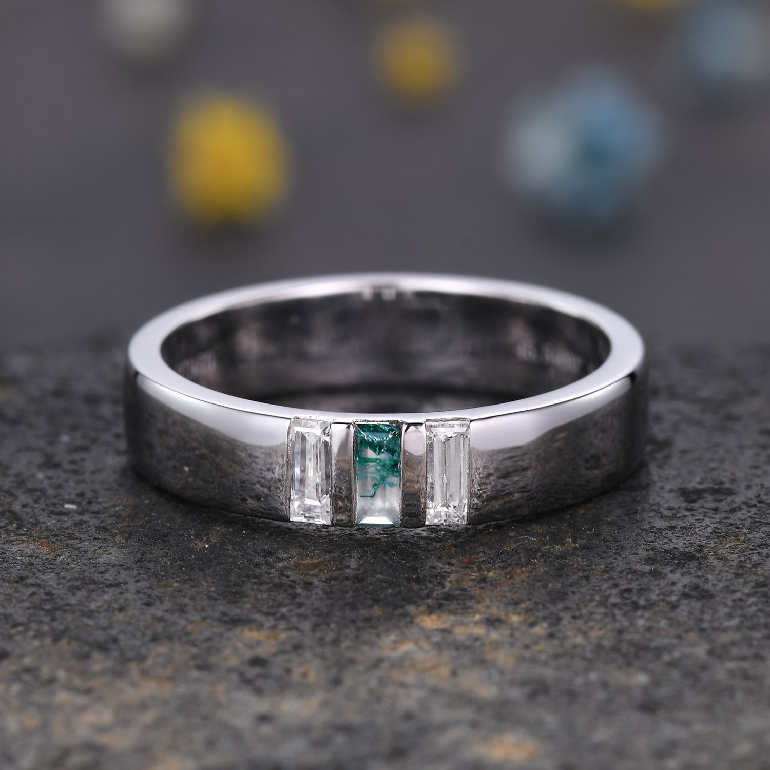 Men's Moss Agate White Gold Wedding Band - 3 Stone Baguette Cut 5mm Ring for Engagement, Anniversary & Special Occasions