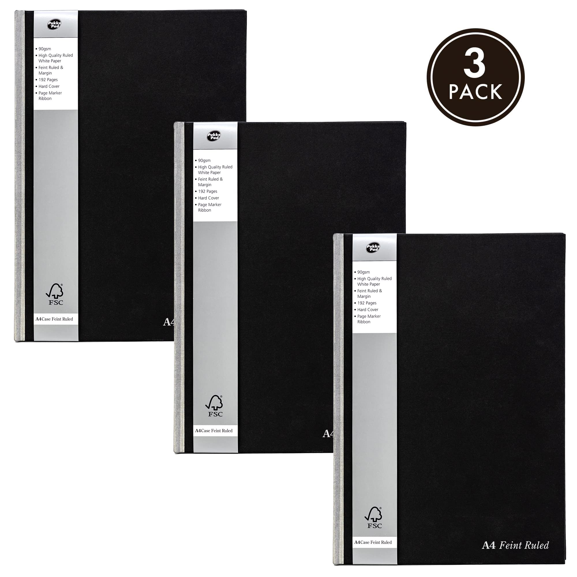 Pukka Pad Black Linen A4 Hardback Notebook - Pack of 5 with 192 Pages, 90GSM Lined Paper, 8mm Ruled Margin - 29.7x21cm for Office, School & Journaling - Premium Writing Notebooks for Professionals & Students