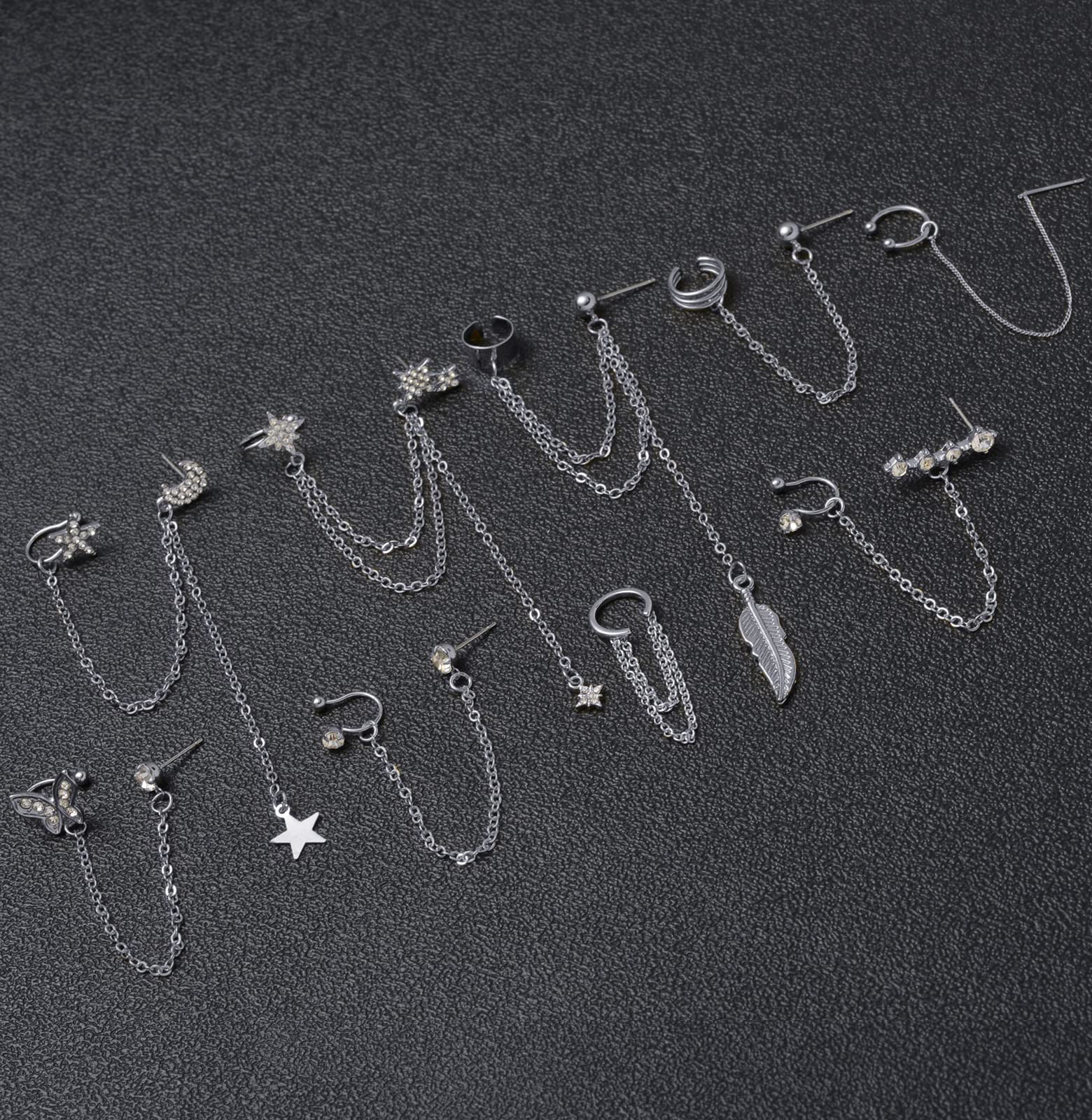 20Pcs Clip On Ear Cuffs for Women - Silver & Gold Adjustable Helix Cartilage Earrings with Dangle Chain Wrap - Perfect for Parties, Weddings & Everyday Wear