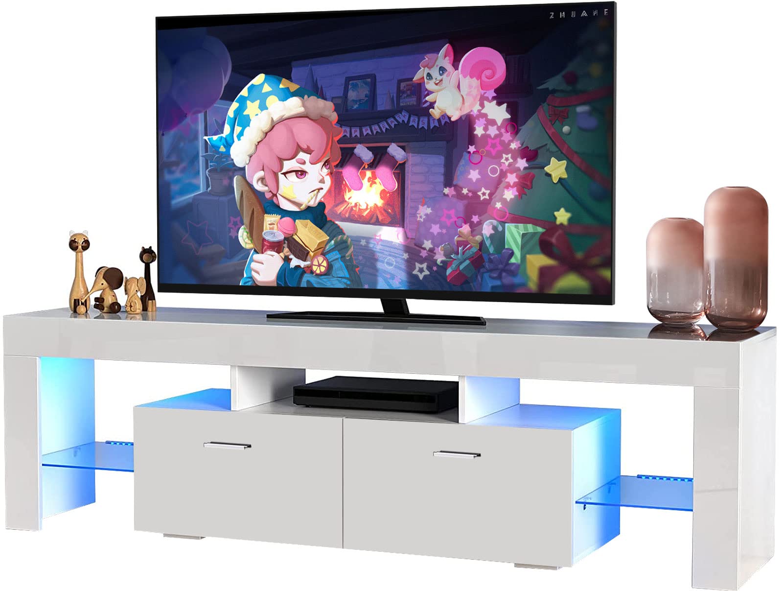 Modern LED TV Stand with 20-Color Remote Control Lights - High Gloss 70 Inch Entertainment Center with Storage Shelves & 2 Drawers - Living Room TV Cabinet for Home Theater & Gaming Setup (White)