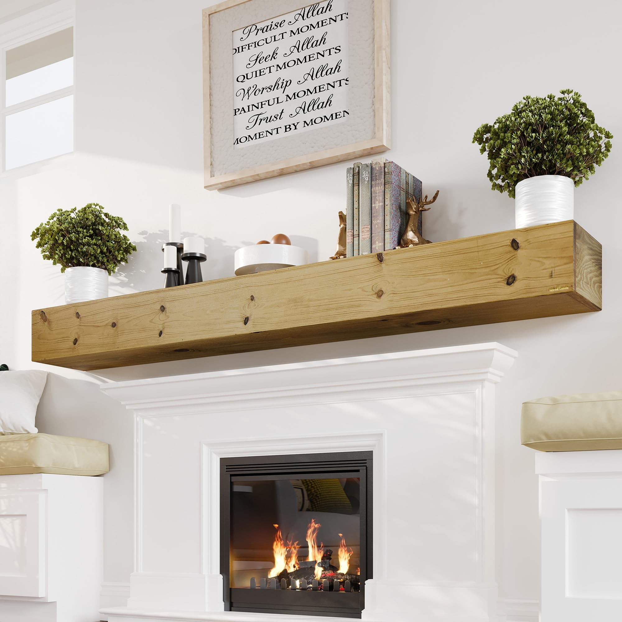 72 Inch Floating Fireplace Mantel Shelf - Handcrafted Solid Wood Wall Mounted Mantle for Over Fireplace, Rustic Farmhouse Decor, Natural Wood Finish (72