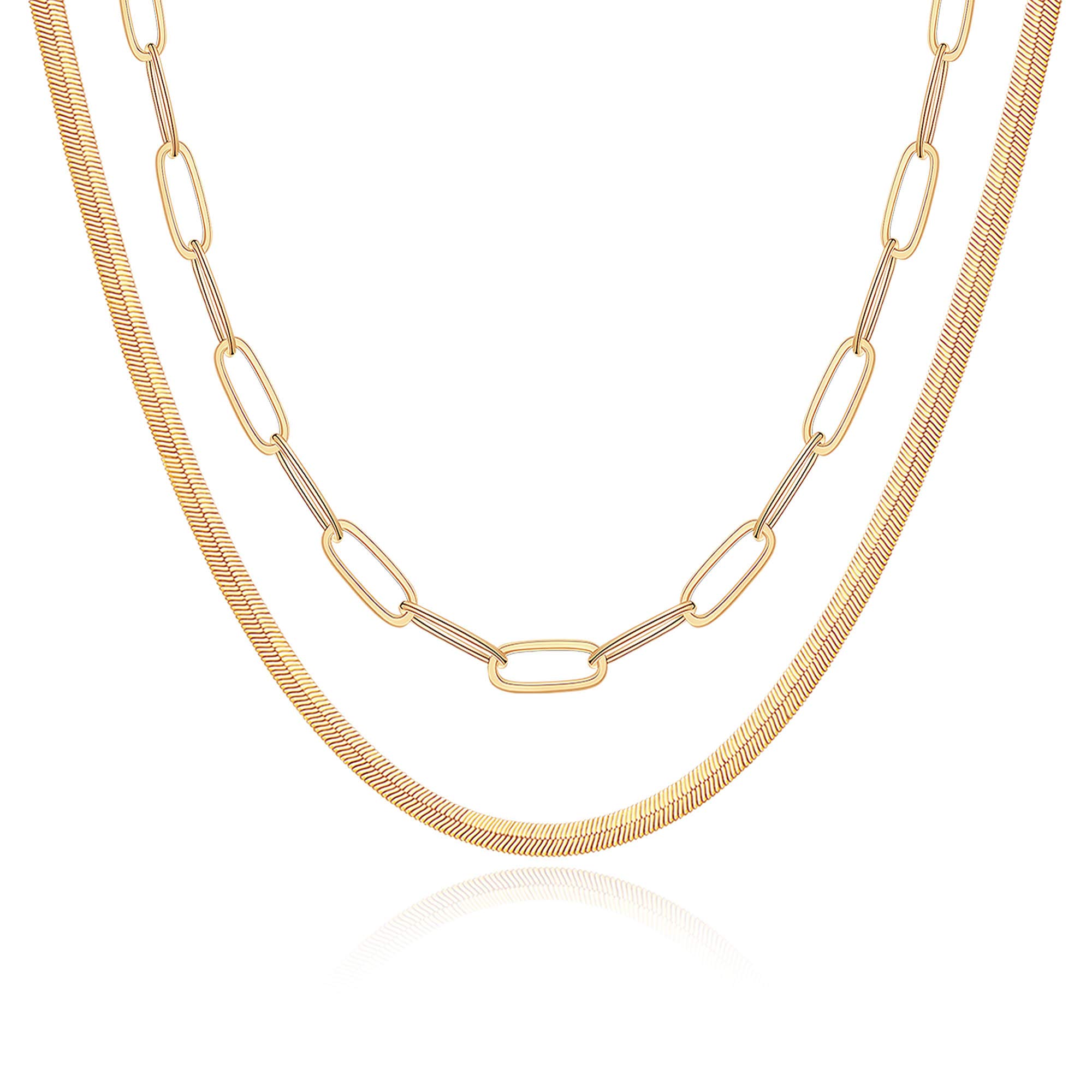 14K Gold Plated Women's Layered Necklace Set - Dainty Coin Pendant, Herringbone & Snake Chain Jewelry | Elegant Layering Necklaces for Daily Wear, Date Nights & Special Occasions | Perfect Gift for Her