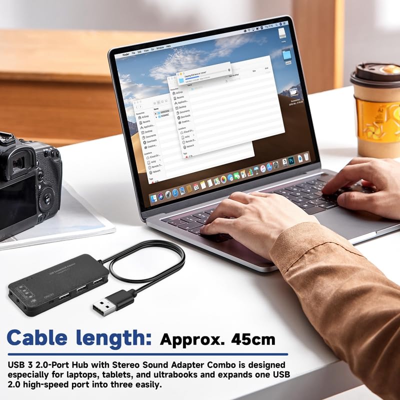 iFutniew 3-Port USB 2.0 Hub with 7.1 Channel External Sound Card - Headset & Microphone Adapter for PC (Black) - Perfect for Gaming, Streaming & Conference Calls