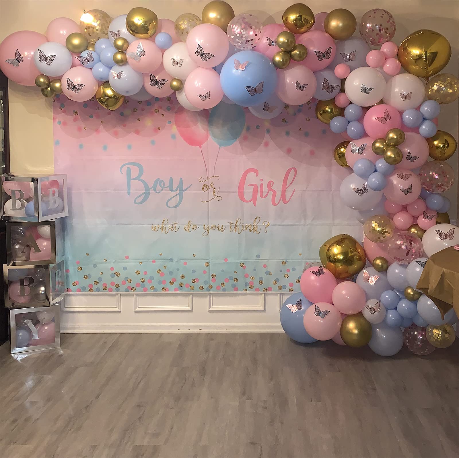 Blue & Pink Gender Reveal Party Decorations - 5x3ft (60x36 inch) Baby Shower Backdrop with Dots Balloons for Boy or Girl Announcement - Perfect for Gender Reveal Parties, Baby Showers & Nursery Decorations