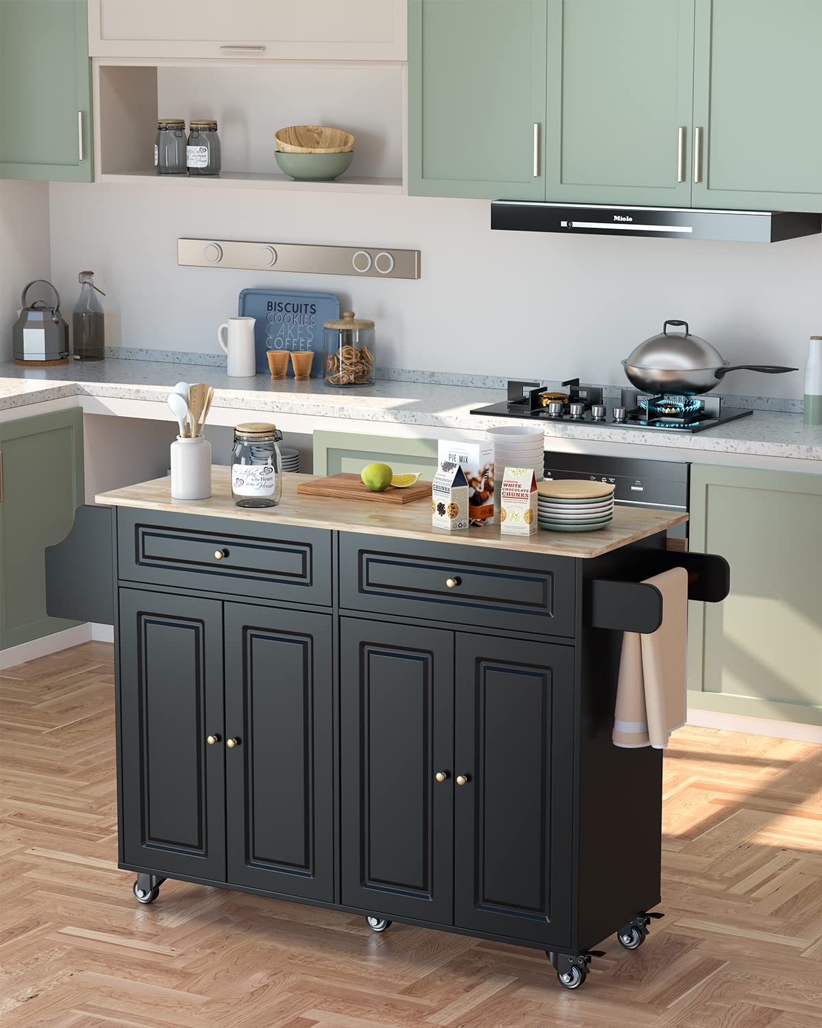 Kitchen Island with Storage & Side Rack - 5-Wheel Mobile Kitchen Cart with Durable Rubber Wood Top (Black) - Perfect for Small Kitchens, Food Prep, and Extra Counter Space