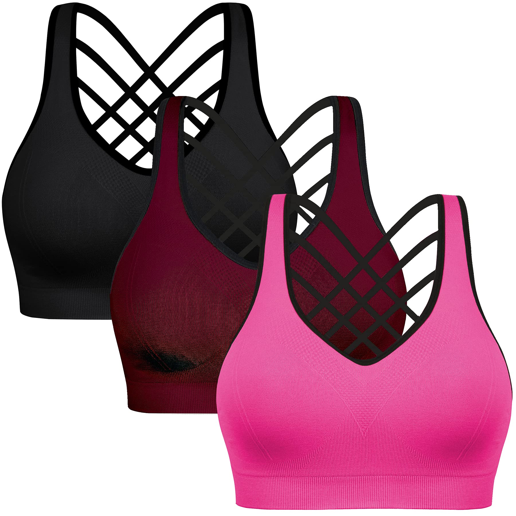 Wirefree Padded Sports Bras for Women - Comfortable Strappy Yoga Bras for Running, Gym & Fitness - 3 Pack - Perfect for Workouts, Yoga & Active Lifestyles