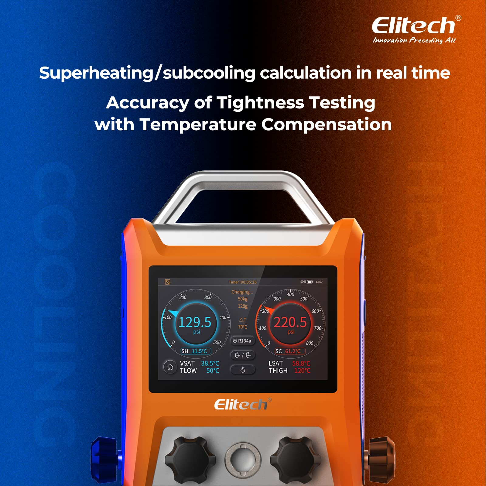 Elitech EMG-40V Digital HVAC Manifold Gauge Set - 4 Valve Refrigerant Manifold with Hoses, Vacuum Sensor, Thermometer & Clamps | Professional AC Repair Tool for HVAC Technicians | Ideal for Refrigerant Charging, System Diagnostics & Maintenance