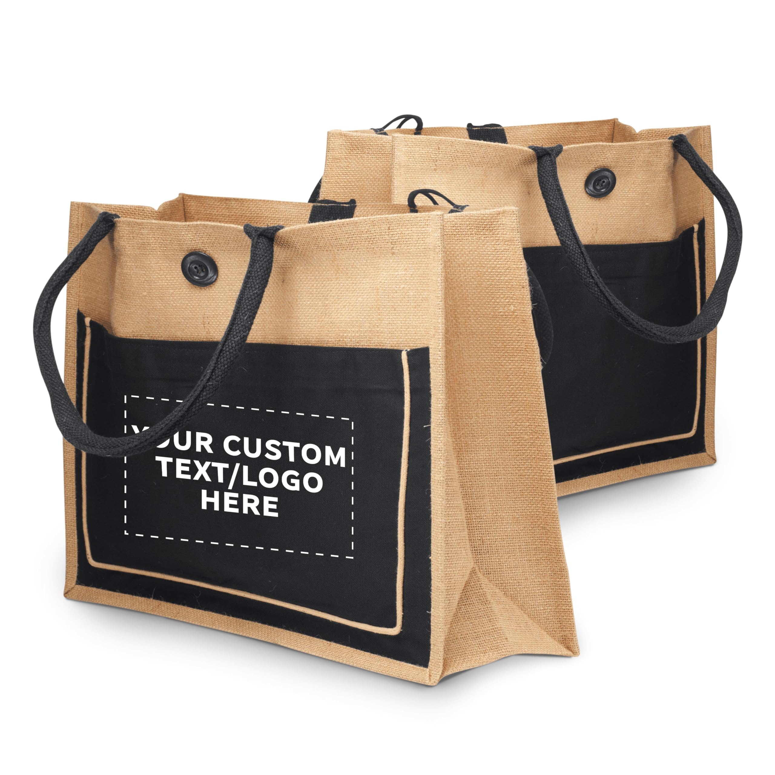 Custom Jute Tote Bags with Cotton Pocket - 50 Pack Bulk Wholesale Eco-Friendly Reusable Grocery Bags - Personalized Promotional Totes for Picnic, Beach, Camping, Outdoor Activities & Shopping - Black