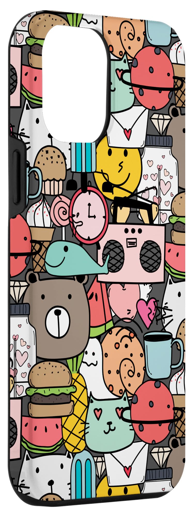 iPhone 12 Pro Max Case - Trippy Doodle Cartoon Design with Snail, Burger & Hearts - Trendy Protective Cover for Everyday Use, Work & Travel