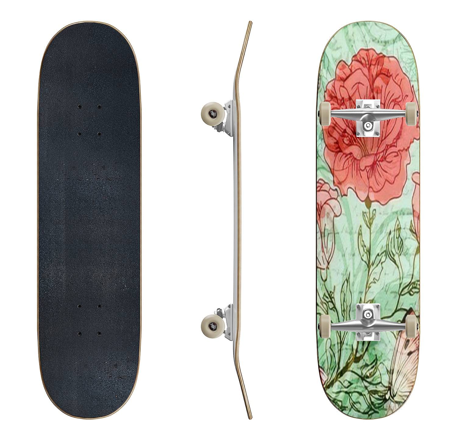Vintage Rose & Butterfly Skateboard - Classic Concave Longboard for Beginners & Pros | Cool Teen Gifts for Extreme Sports & Street Skating | Durable Retro Design for Commuting, Tricks & Park Riding