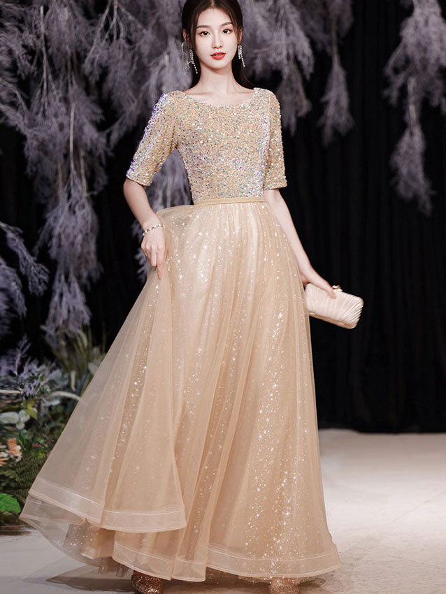 Elegant Shimmery Sequined Fit & Flare Full Length Tulle Prom Dress for Women - Perfect for Homecoming, Ballroom Dance & Special Occasions