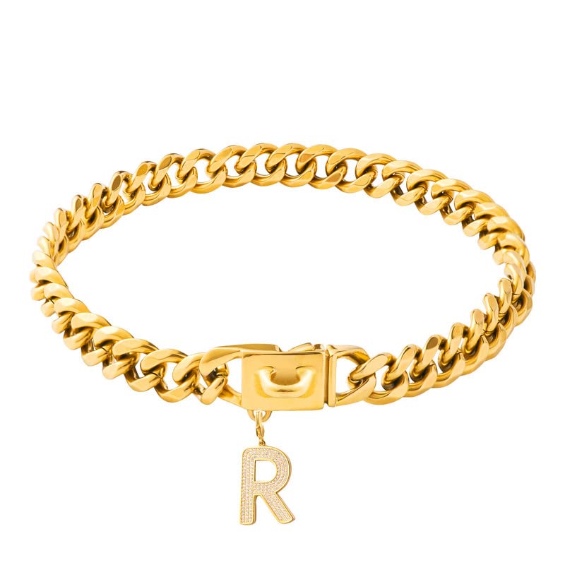 Gepopet 18K Gold Cuban Link Dog Collar for Medium & Large Dogs - Heavy Duty Chew Proof Bling Letter Pendant Collar (10/14/16 Inch) - Perfect for Daily Walks, Training & Fashion Accessories