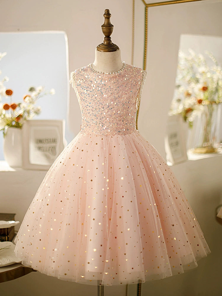 Pink A-Line Round Neck Tea-Length Tulle Flower Girl Dress - Perfect for Weddings, Parties & Special Occasions