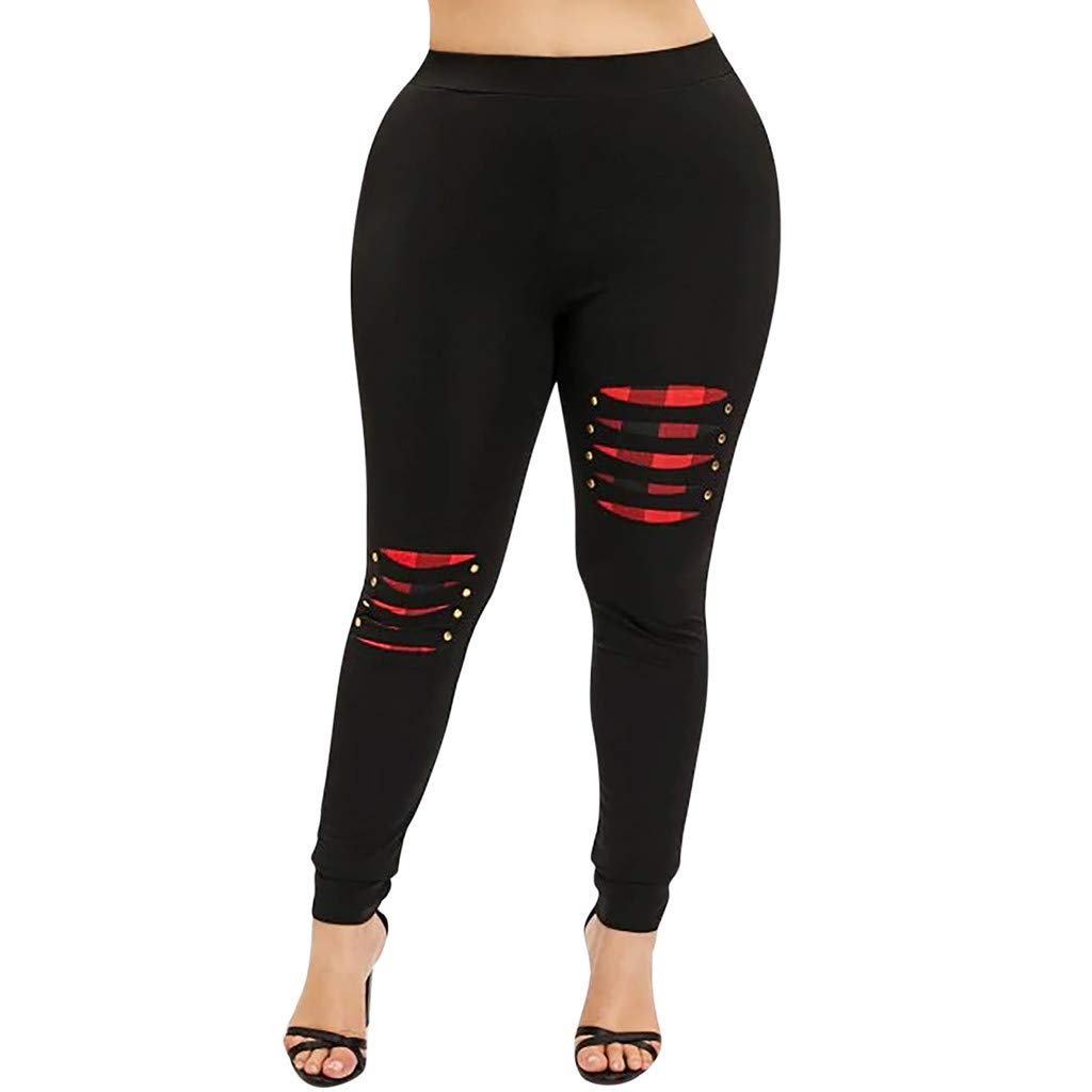 Booboda Women's Plus Size High Waist Leggings - Stretchy Elastic Waistband, Plaid Print with Bead Stitching Details - Comfortable Workout Pants for Yoga, Running, Gym & Casual Wear
