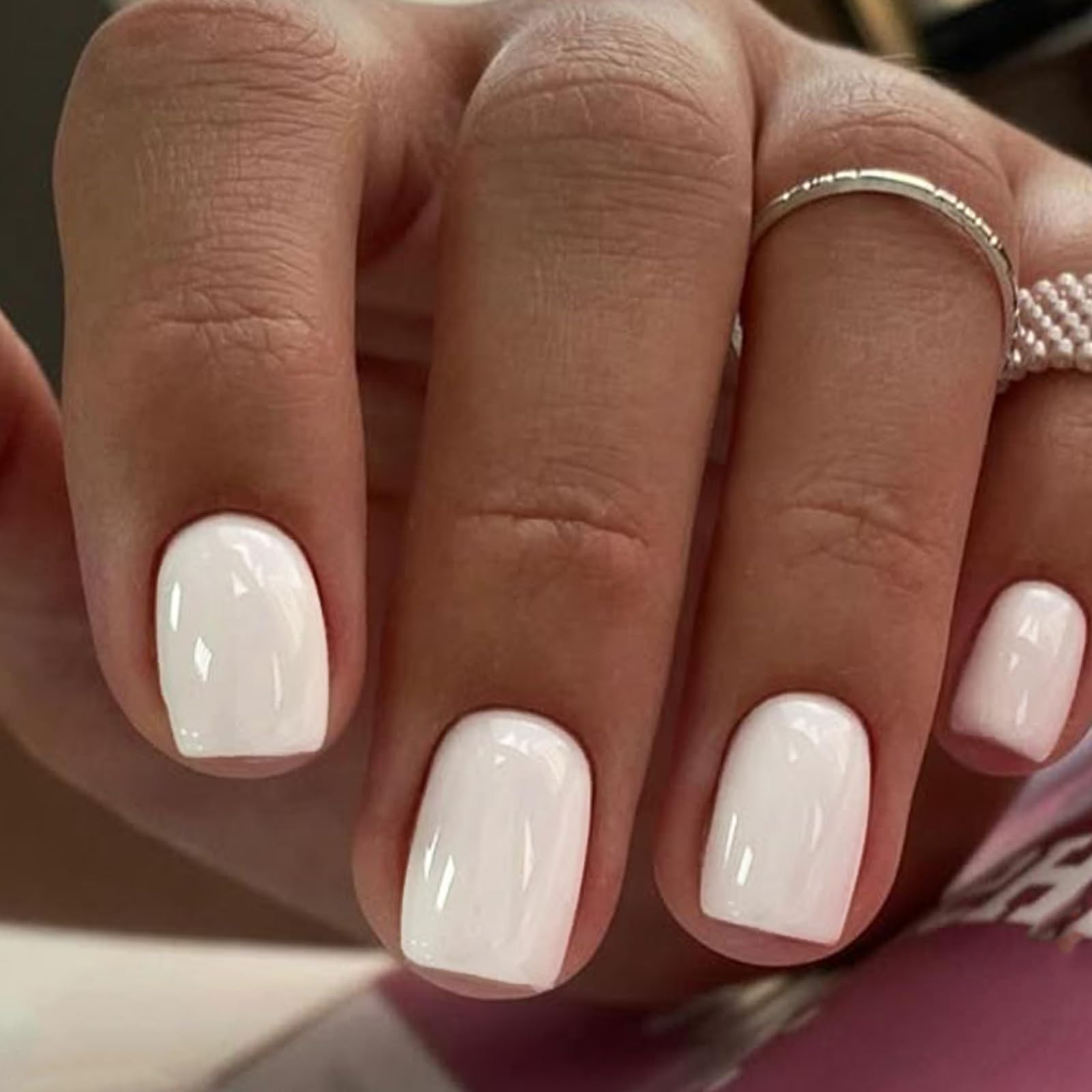 GLAMERMAID 24Pcs Short Squoval Press on Nails - Milky White Spring Summer Fake Nails with Glossy UV Finish, Reusable Acrylic False Nails Kit for Women | Easy At-Home Manicure & Special Occasion Nails