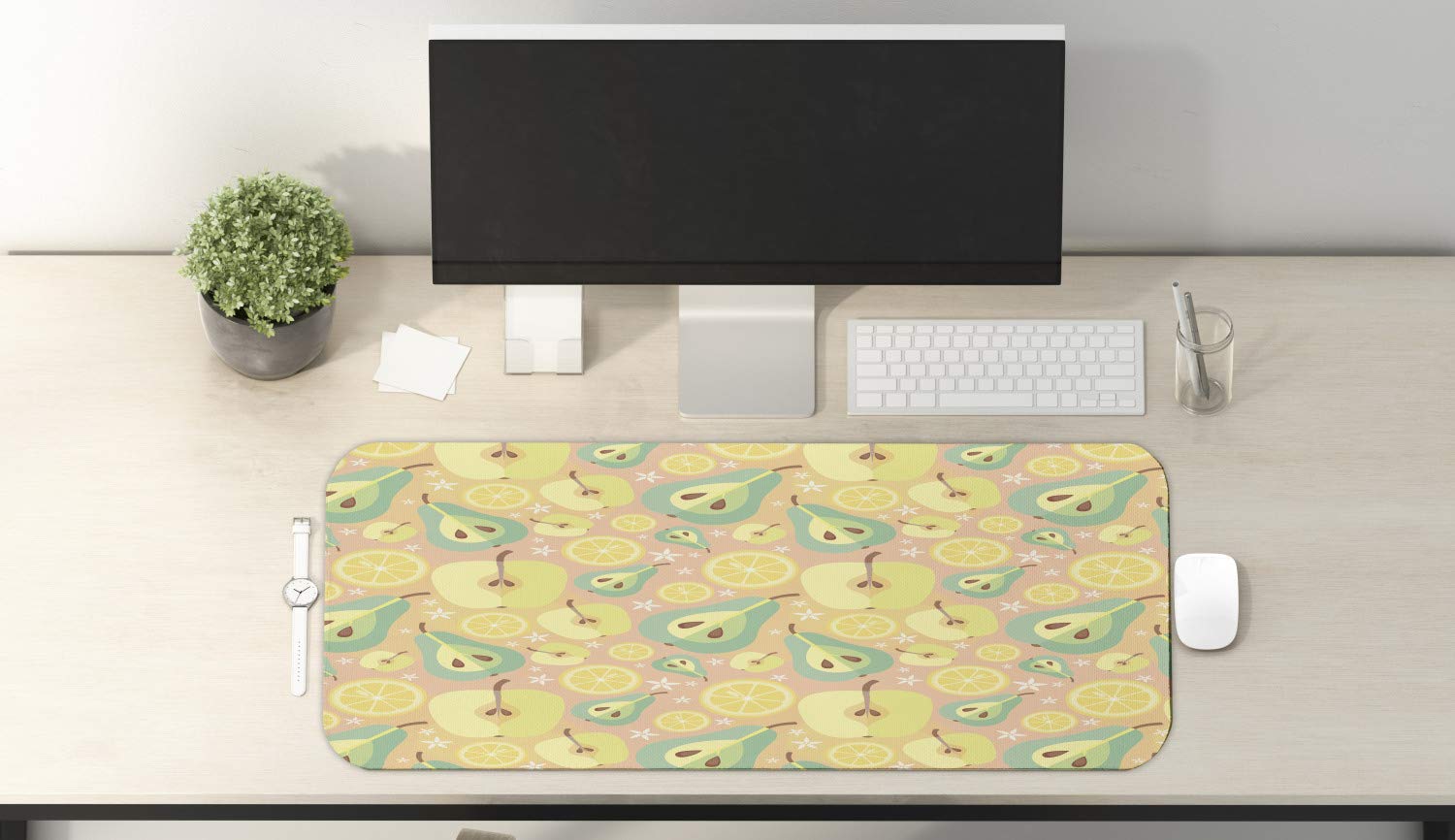 Ambesonne Summer Computer Mouse Pad - Pastel Fruits, Pears, Lemon, Apple Slices & Daisy Flowers Design - Non-Slip Rubber Gaming Mousepad (31