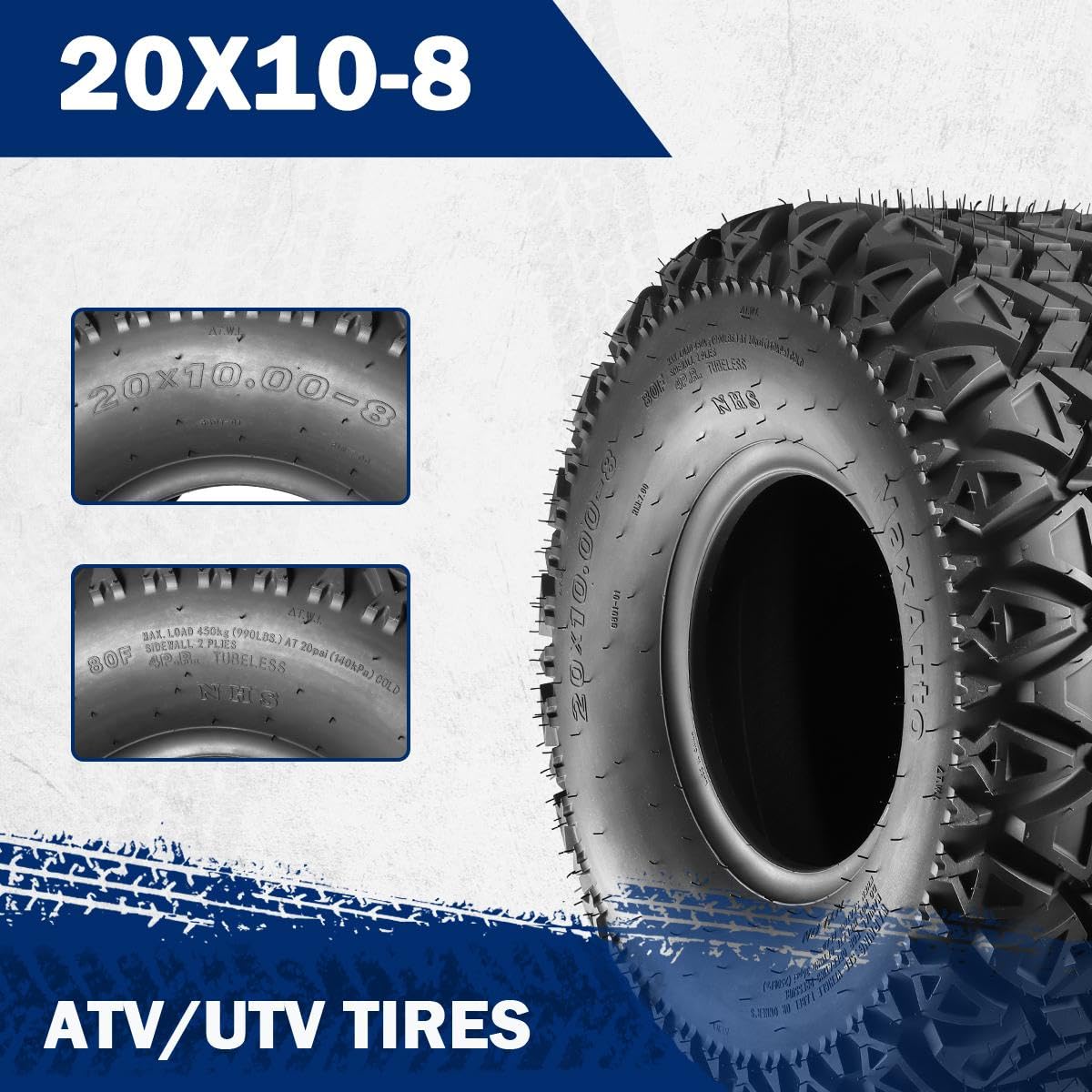 MaxAuto AT20X10-8 All-Terrain ATV Tires - 20x10x8 4-Ply Tubeless Replacement Tires for Lawn Mowers, Golf Carts & Tractors (2-Pack) - Perfect for Off-Road Adventures, Yard Work & Farm Use