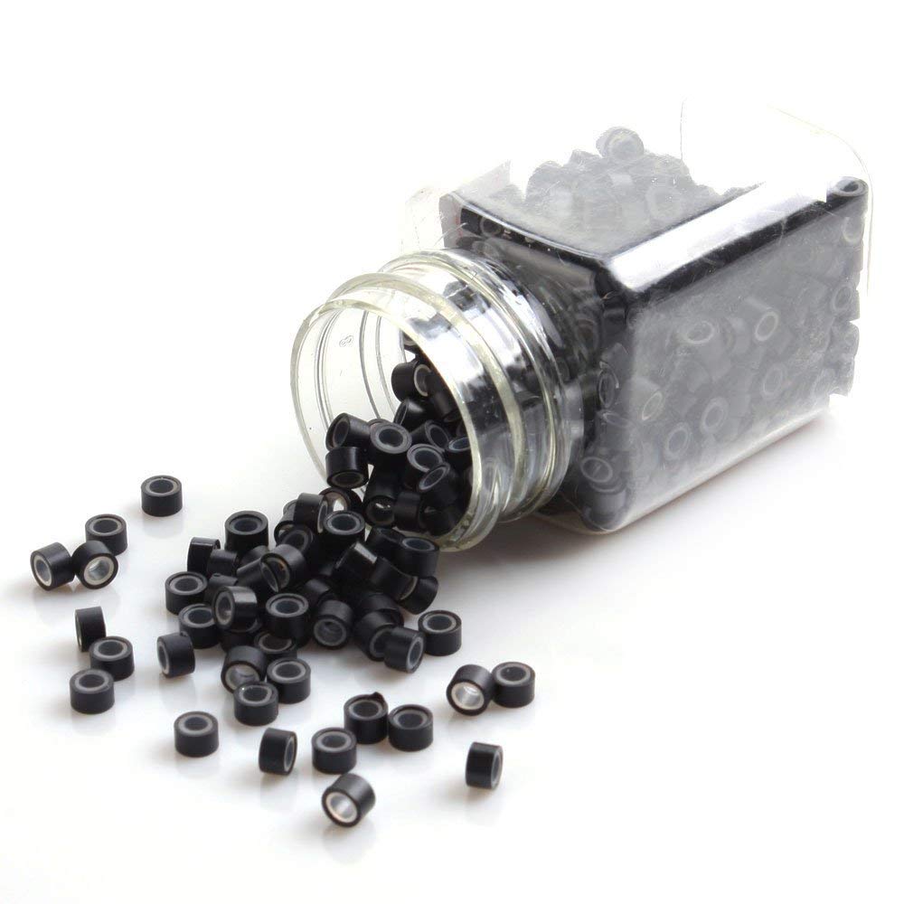 D-DIVINE Micro Rings for Hair Extensions - 500 Pcs Black Aluminum with Silicone Beads (5.0x3.0x3.0mm) - Secure Hair Extension Tips for Human & Feather Hair - Perfect for Salon, DIY Hair Styling & Hairpiece Maintenance