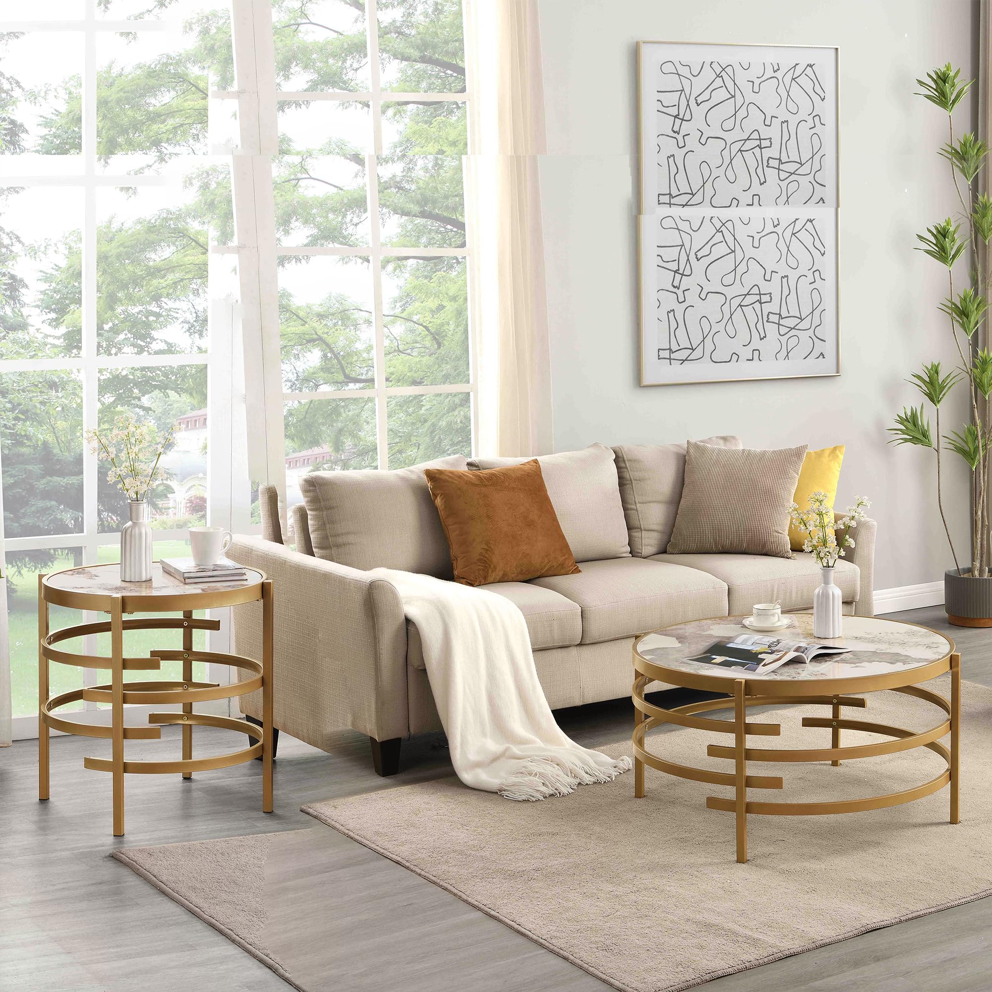 Modern Round Coffee Table & End Table Set of 3 - Gold Metal Frame with Marble Top - Luxury Living Room Furniture for Home & Office - Perfect for Small Spaces, Entertaining Guests & Stylish Home Decor