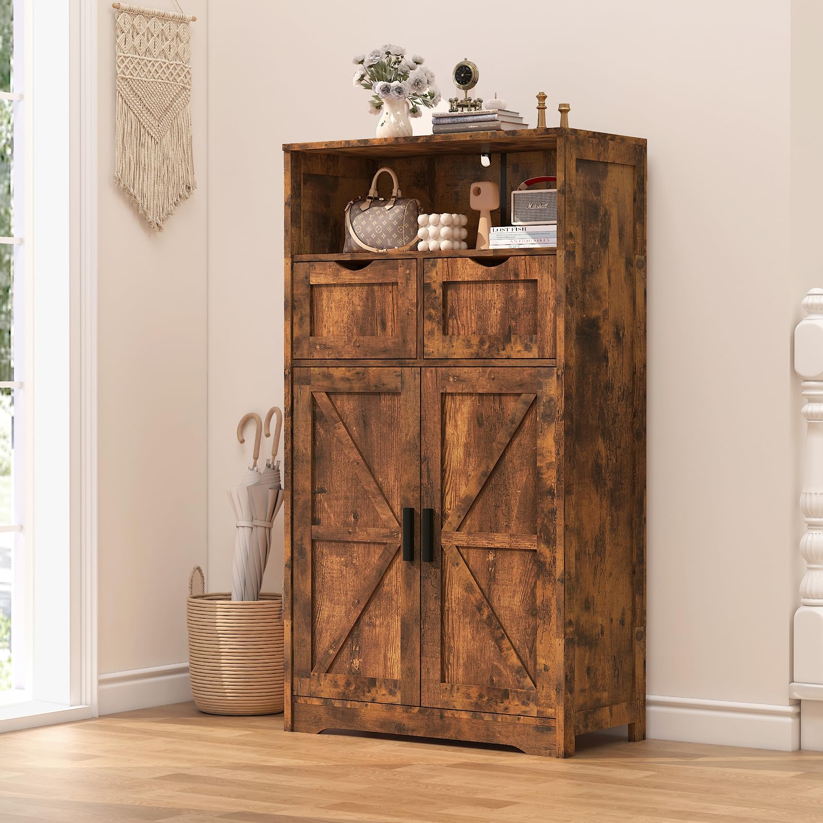 WEENFON Farmhouse Storage Cabinet - Rustic Brown Kitchen Pantry Organizer with 2 Adjustable Drawers & Shelves, Floor Hutch Cupboard for Living Room, Home Office & Kitchen Storage - Perfect for Small Space Organization & Farmhouse Decor