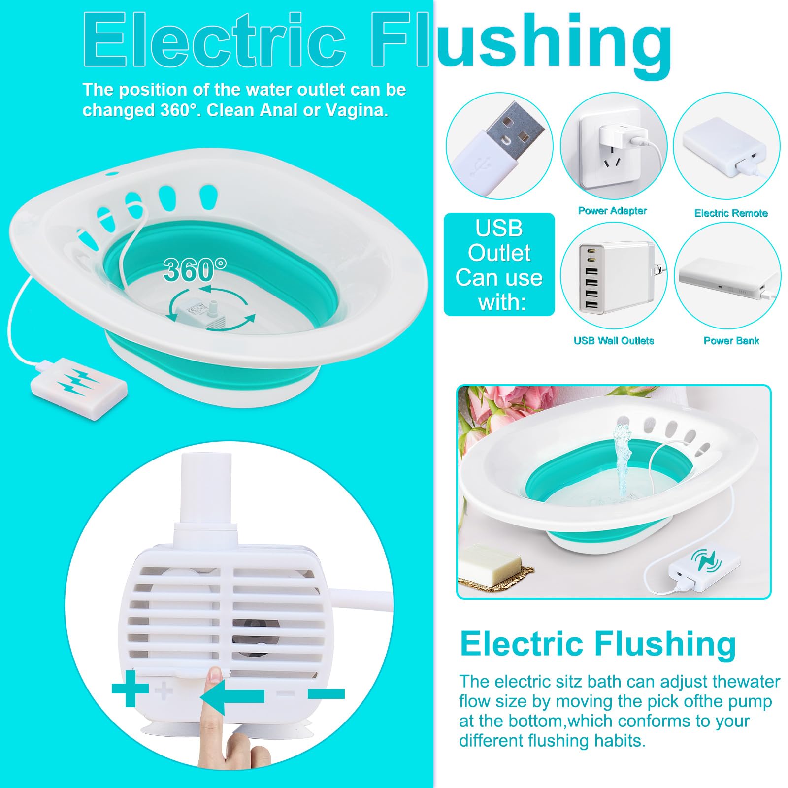 Electric Sitz Bath for Hemorrhoids & Postpartum Care - Foldable, Universal Toilet Seat Fit with Automatic Flushing - Perfect for Women's Recovery & Hygiene at Home