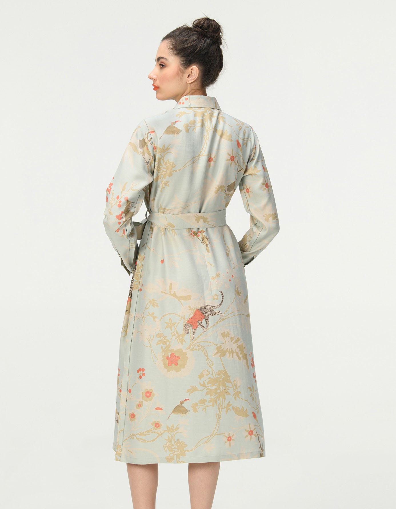 Elegant Tie Belt Shirt Dress in Muga Satin - Ice Blue | Women's Casual & Office Wear | Perfect for Spring Outfits, Work Attire and Special Occasions