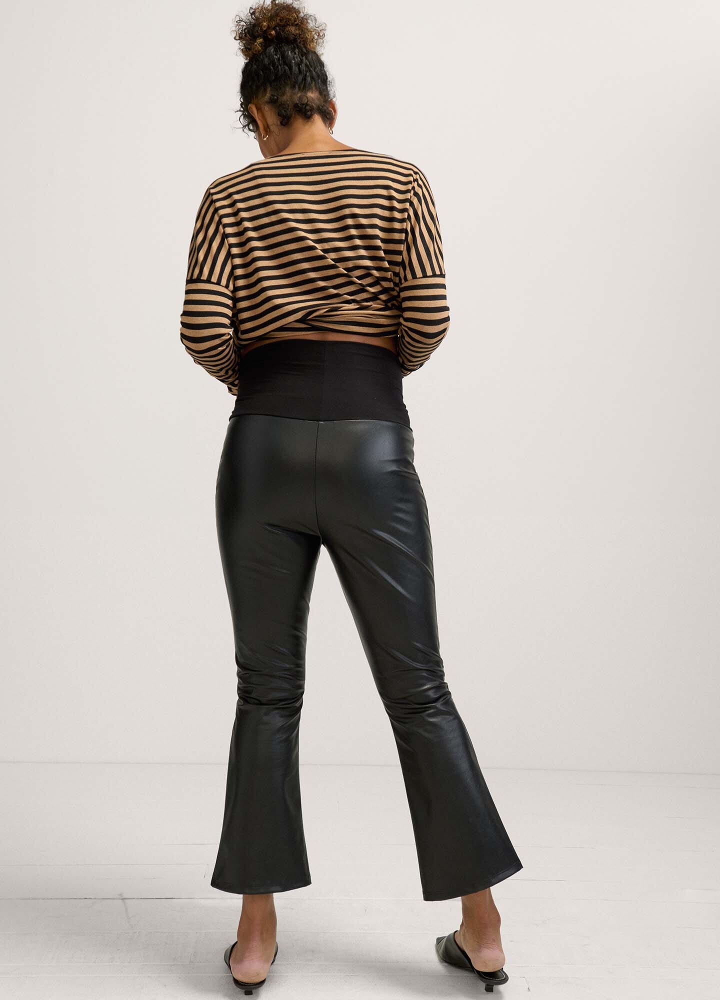 Vegan Stretch Leather Crop Flare Pants - Women's High Waisted Faux Leather Trousers for Casual & Night Out