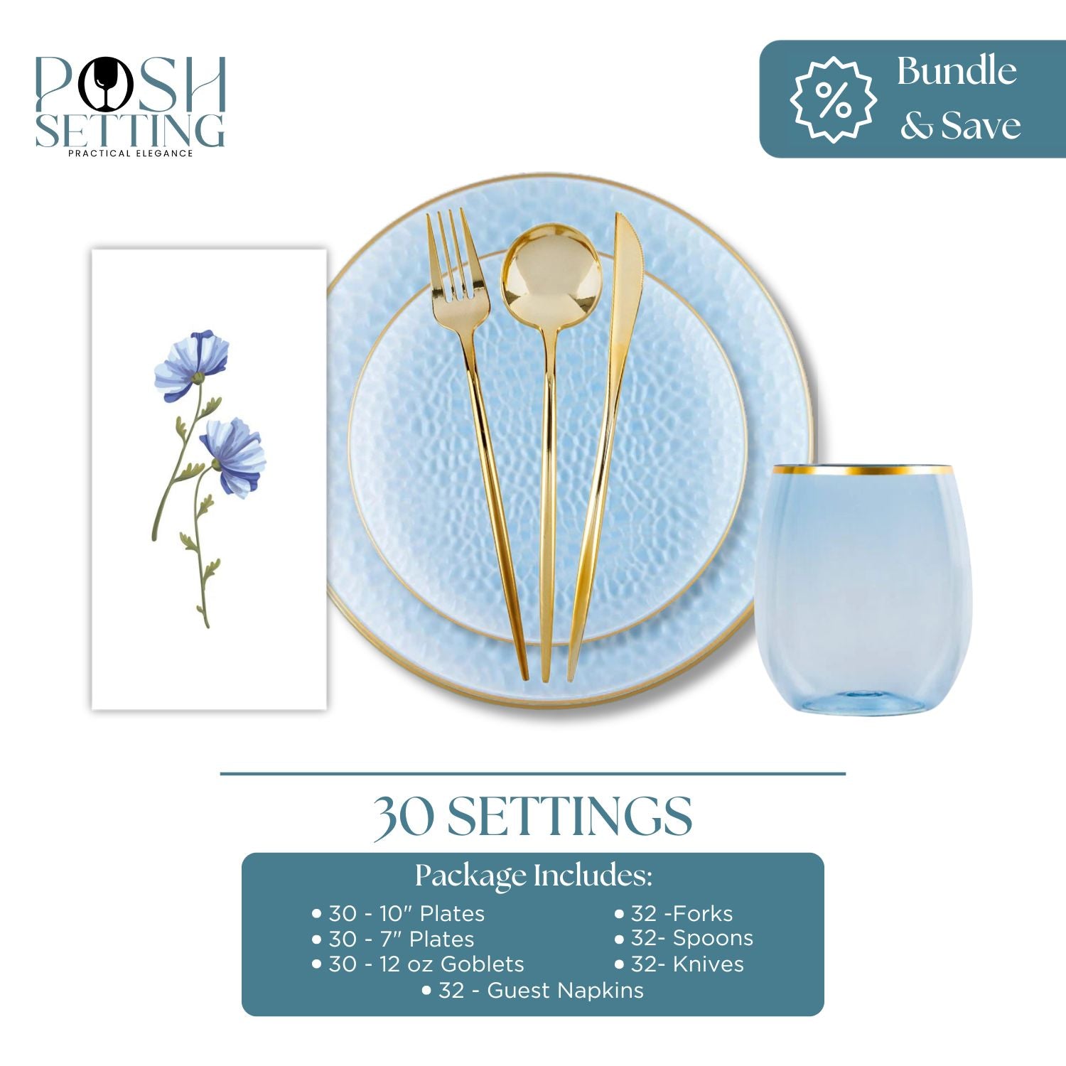 Premium Blue & Gold Disposable Plastic Party Supplies Bundle - Elegant Hammered Design for Weddings, Birthdays & Special Events | Eco-Friendly Party Decorations