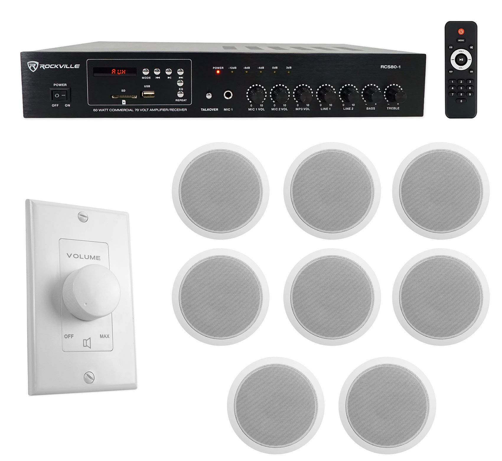 Rockville 8-Pack 6-Inch White Commercial Ceiling Speakers with Wall Control - Perfect for Restaurants, Bars, and Retail Stores